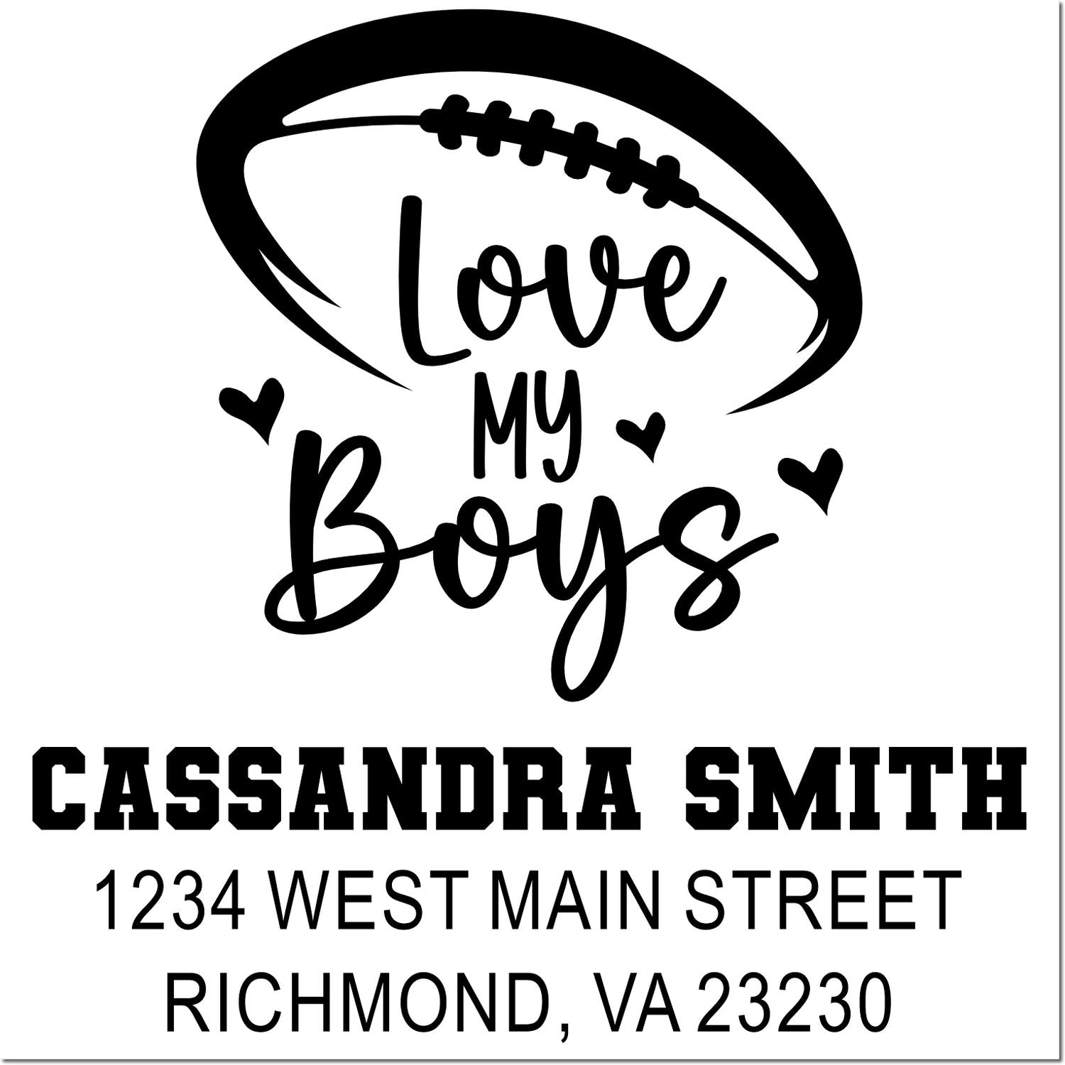 Personalized football Love My Boys address rubber stamp with name and return address for family stationery and mailings.