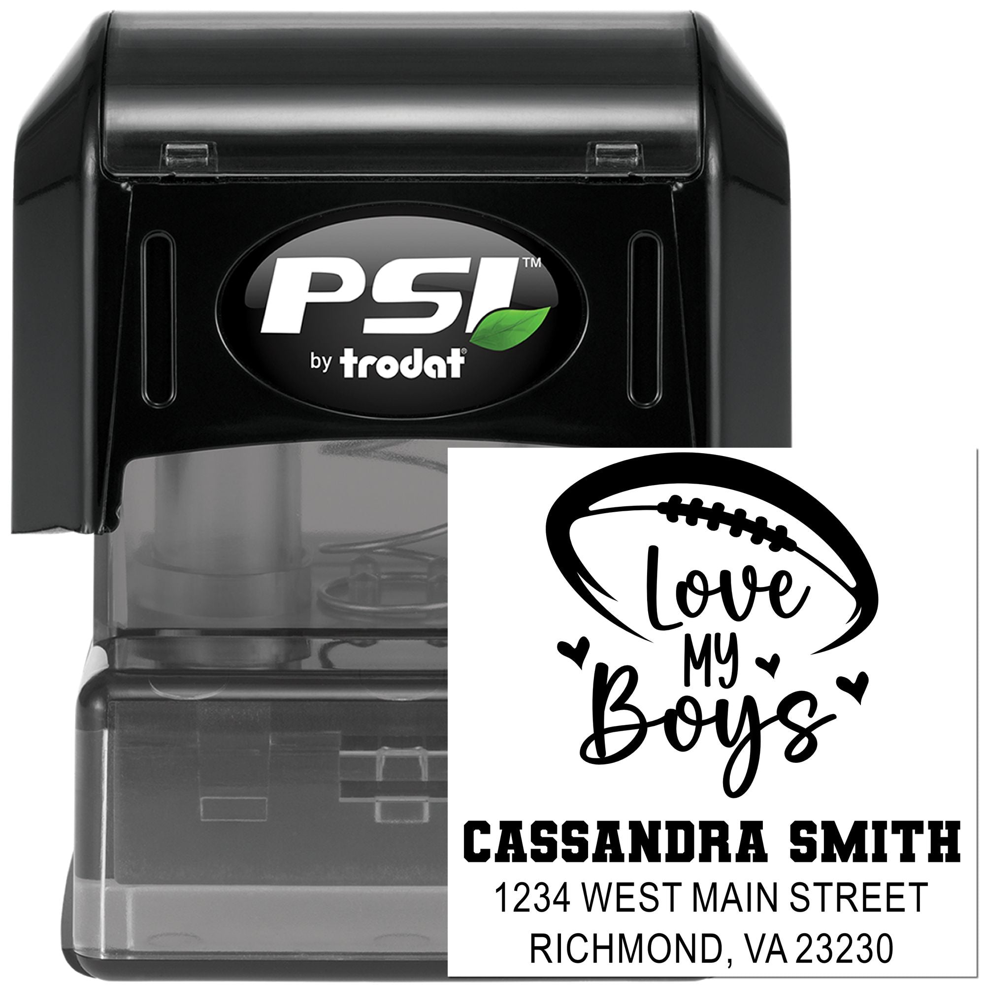 Custom self-inking football address rubber stamp with Love My Boys design by PSI by Trodat.
