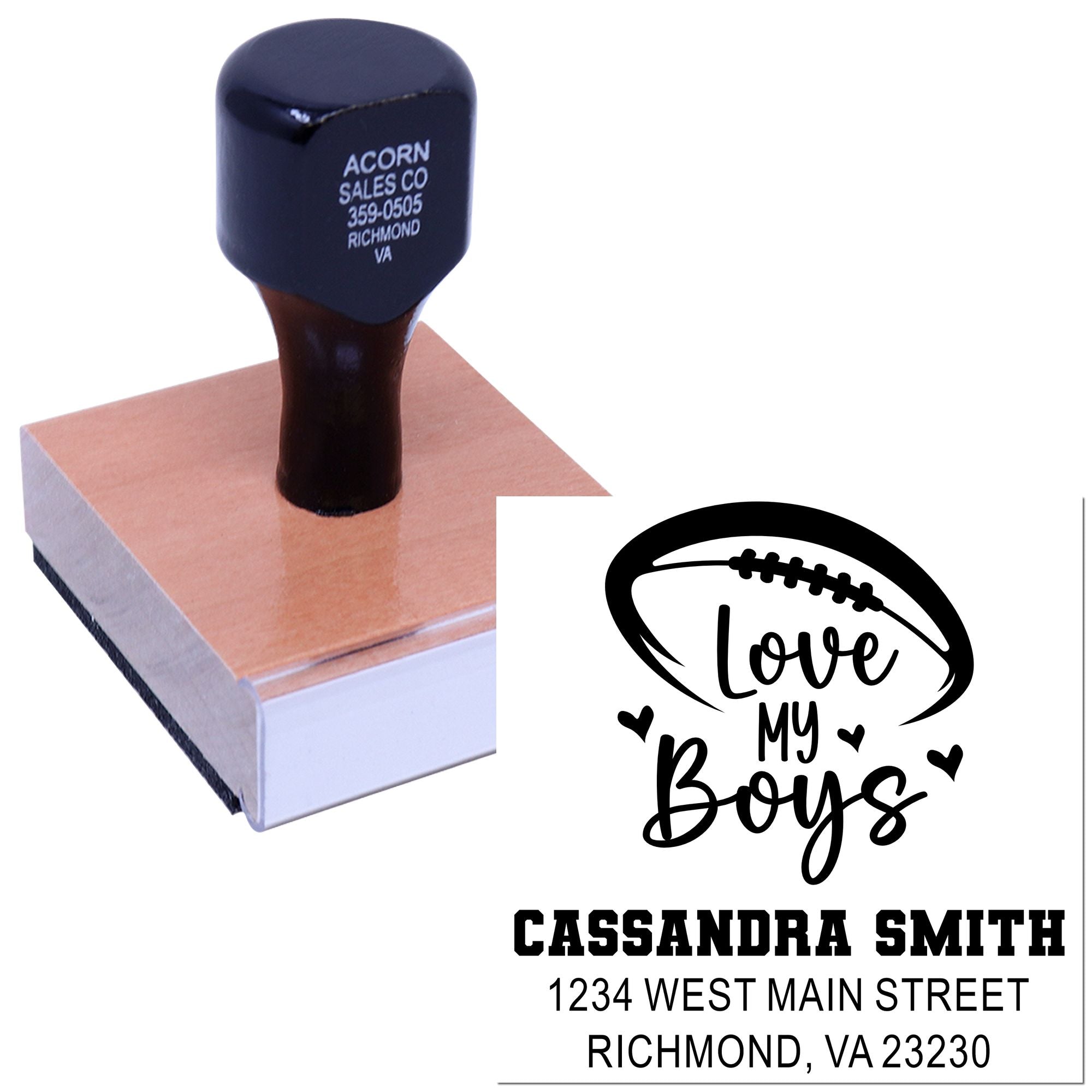 Custom football Love My Boys rubber stamp with personalized name and address for crafts, stationery, and return mail.