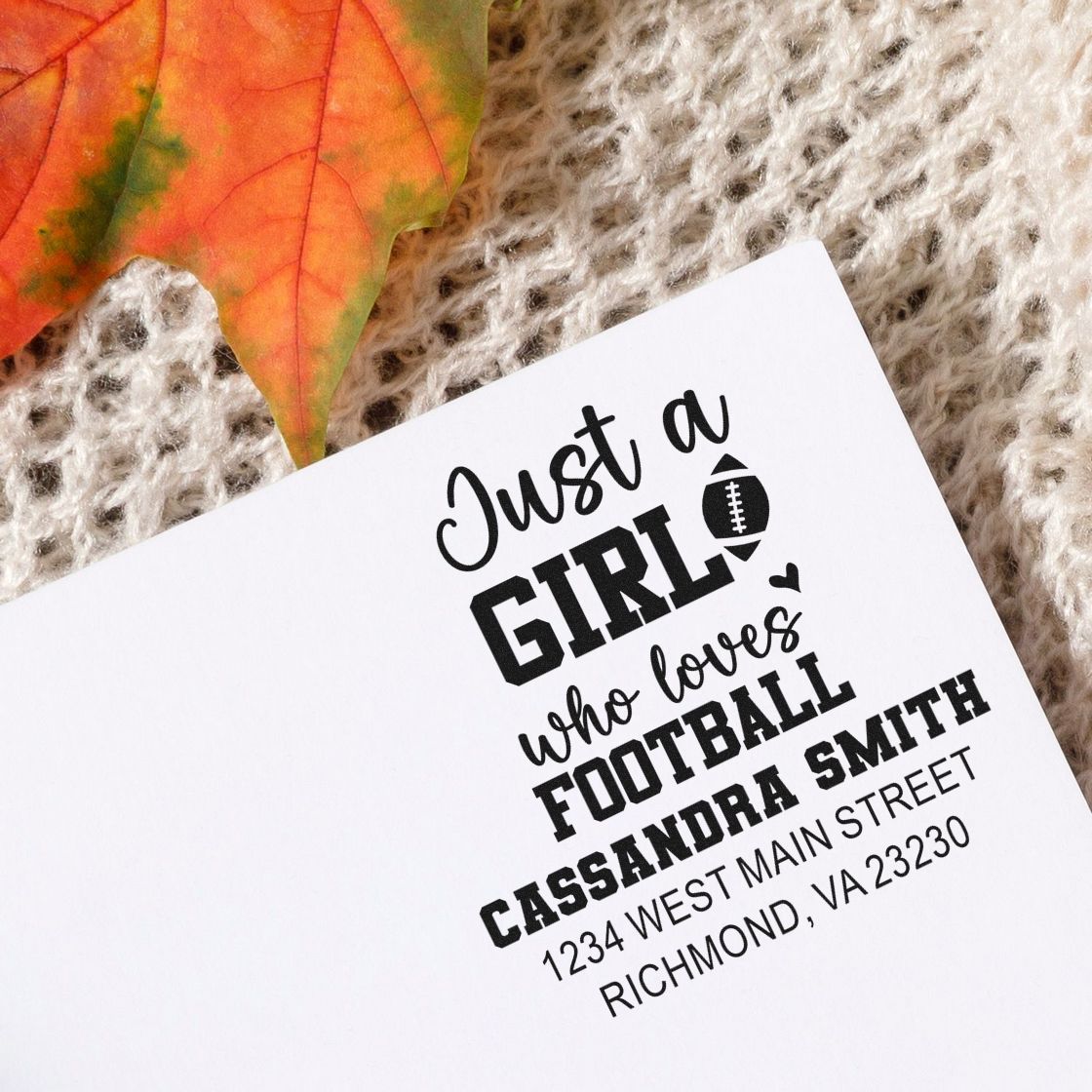 Custom football-themed return address rubber stamp for a girl, with Just a girl who loves football and personalized address.