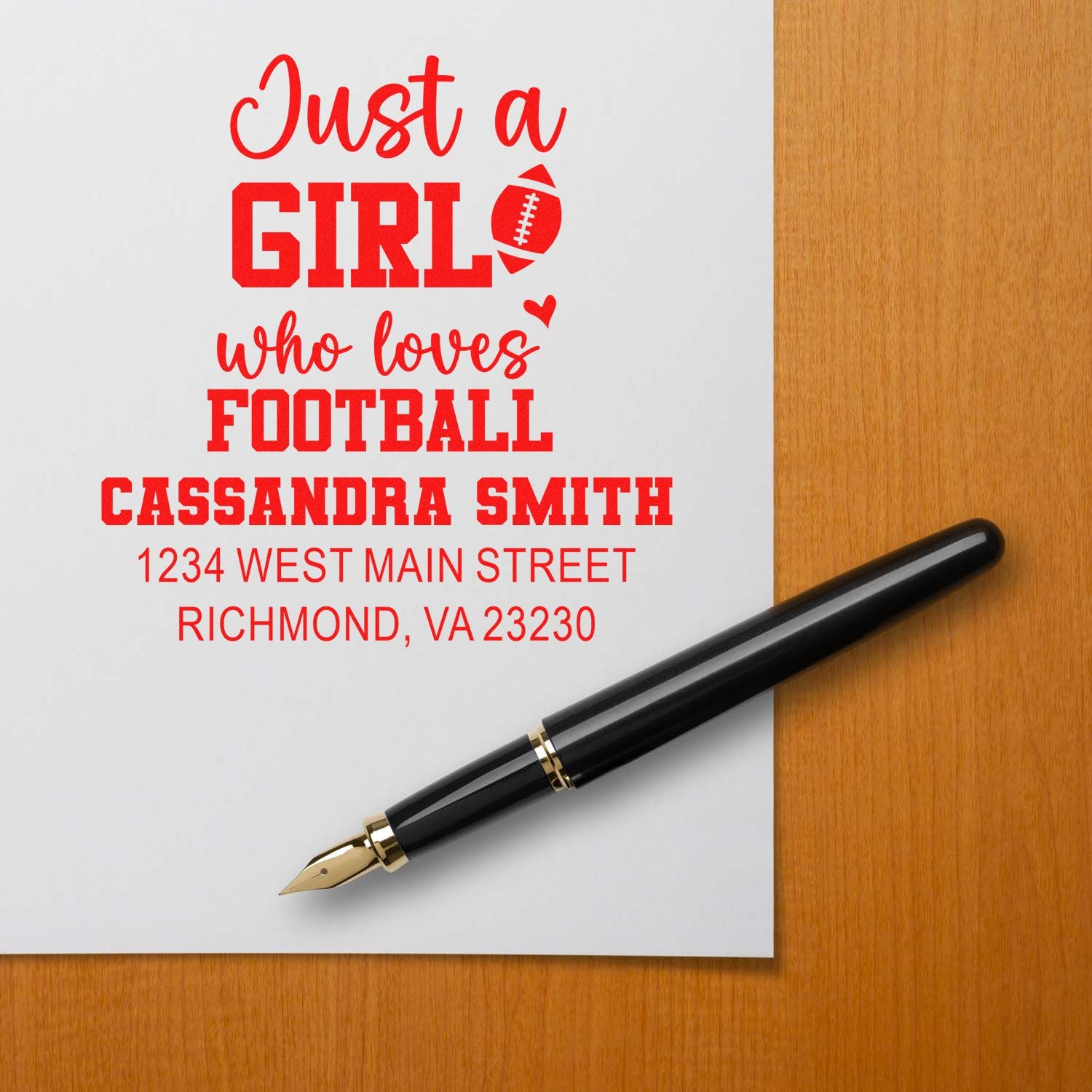 Custom rubber stamp for a girl who loves football, featuring name and return address with football graphic.