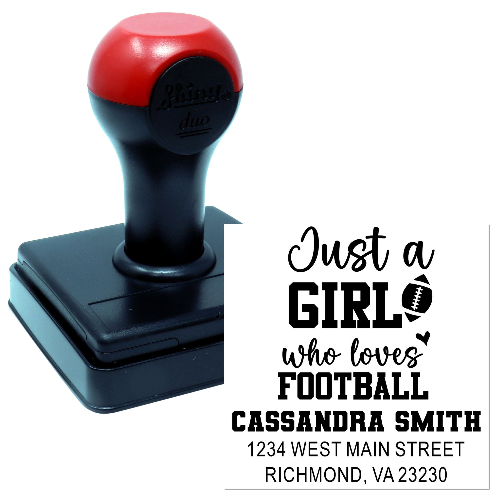 Custom self-inking rubber stamp for football fans, featuring Just a Girl Who Loves Football name and address design.