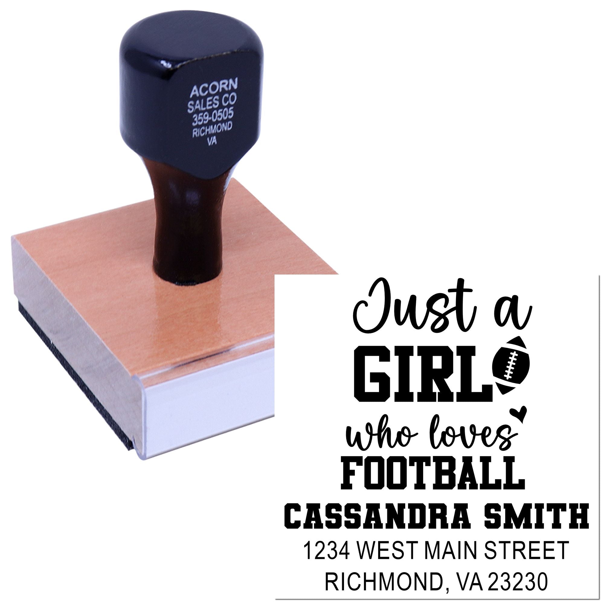 Custom rubber stamp design for football fans with personalized name, address, and Just a girl who loves football text.