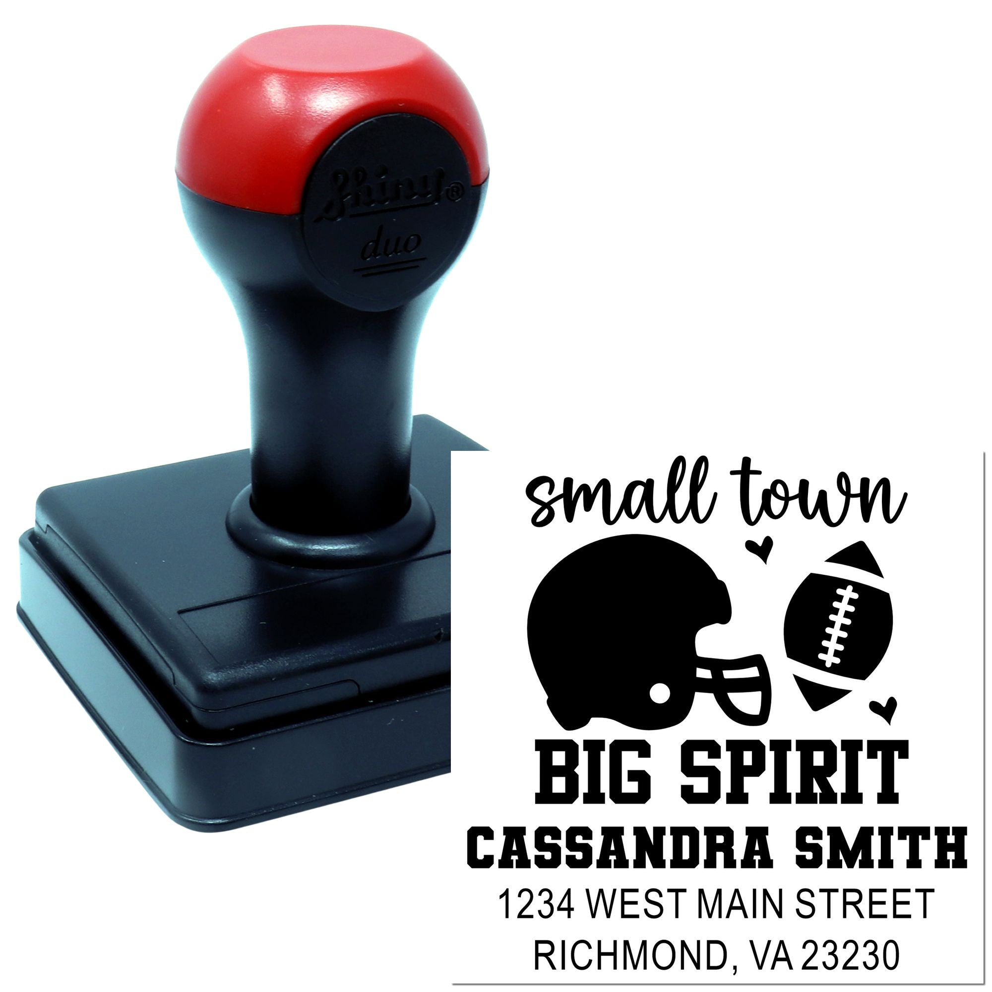 Custom self-inking rubber stamp with football helmet design, Small Town Big Spirit, name and address for mailing.
