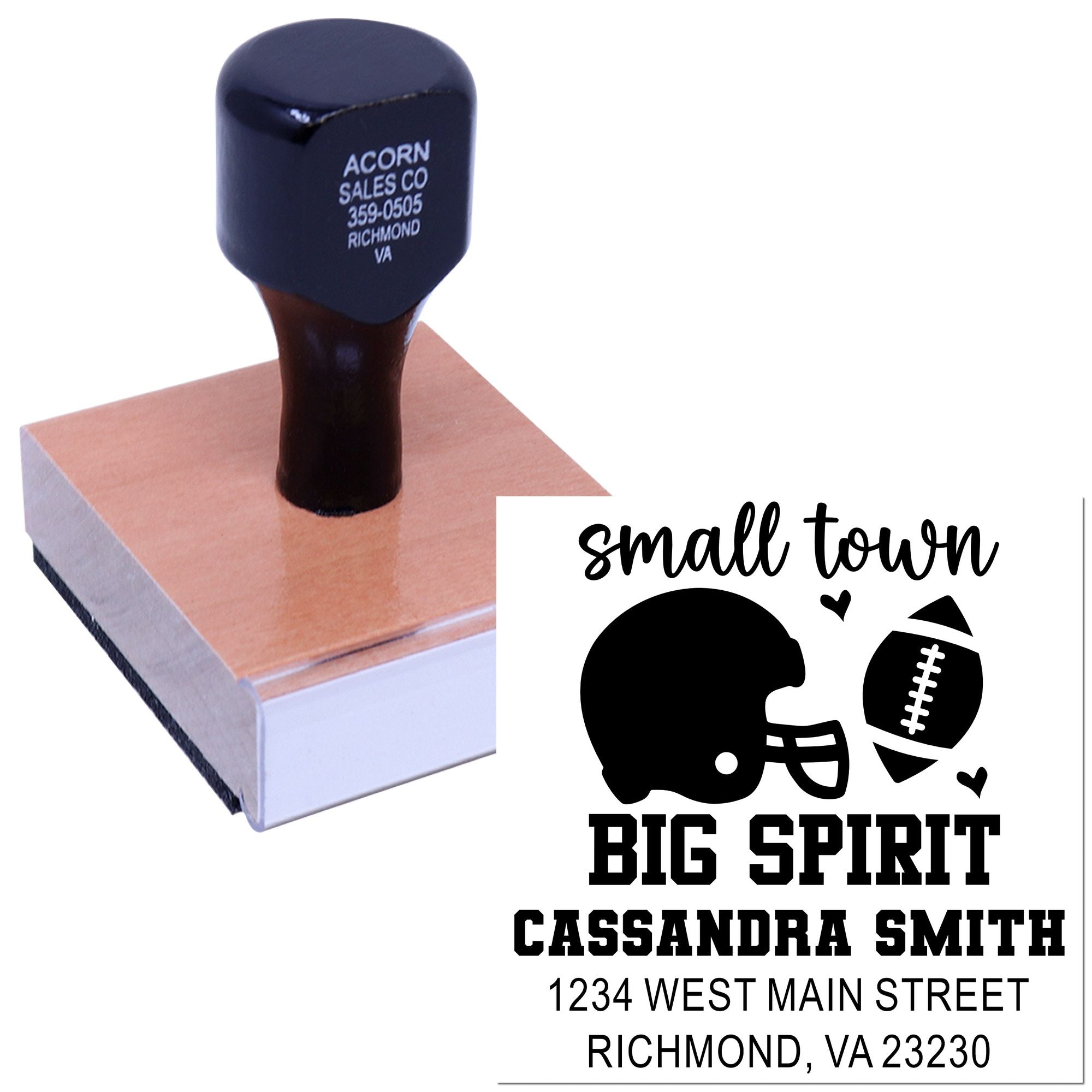 Custom football rubber stamp with Small Town Big Spirit design and personalized name and address imprint.