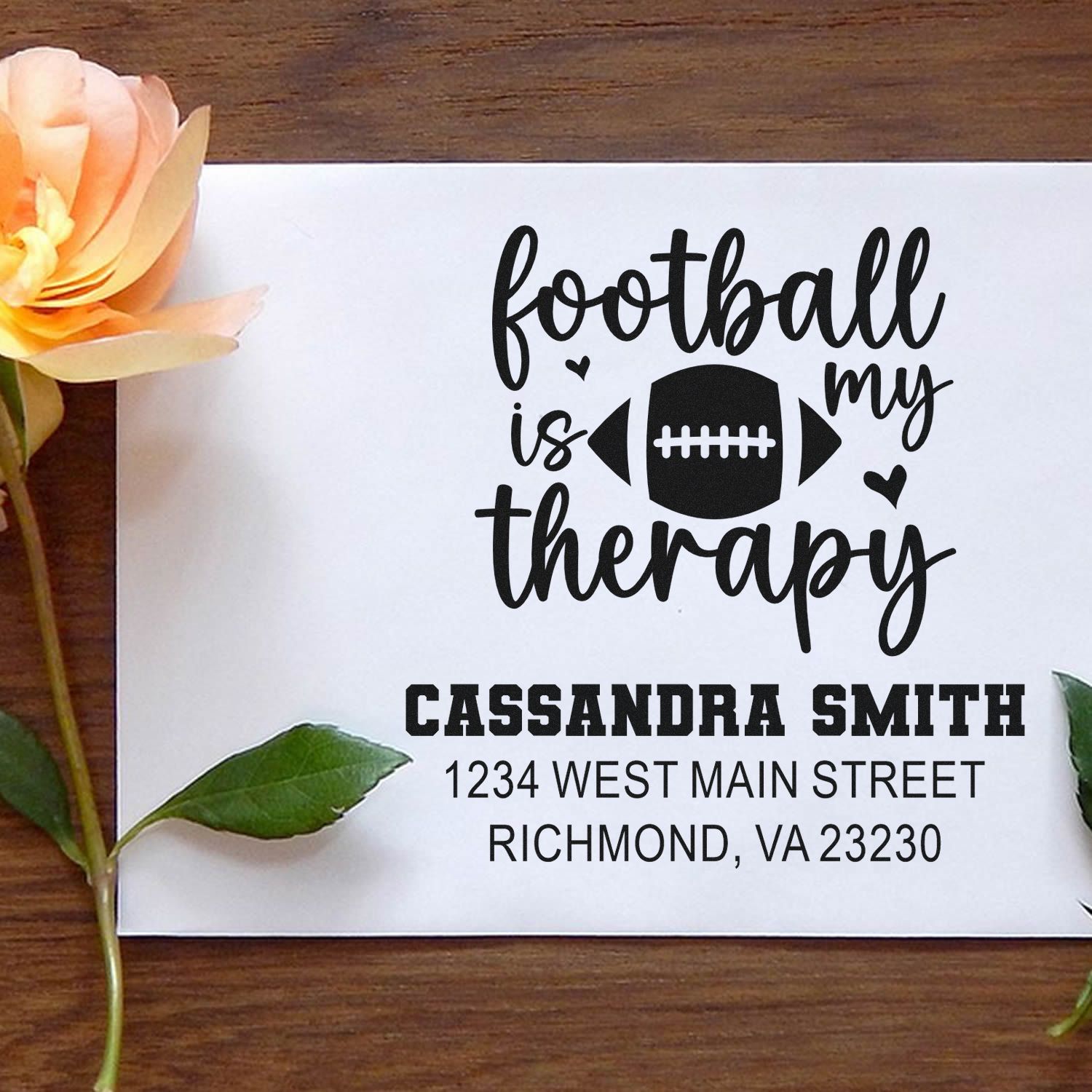 Custom football is my therapy return address rubber stamp with personalized name and address for sports-themed mail.