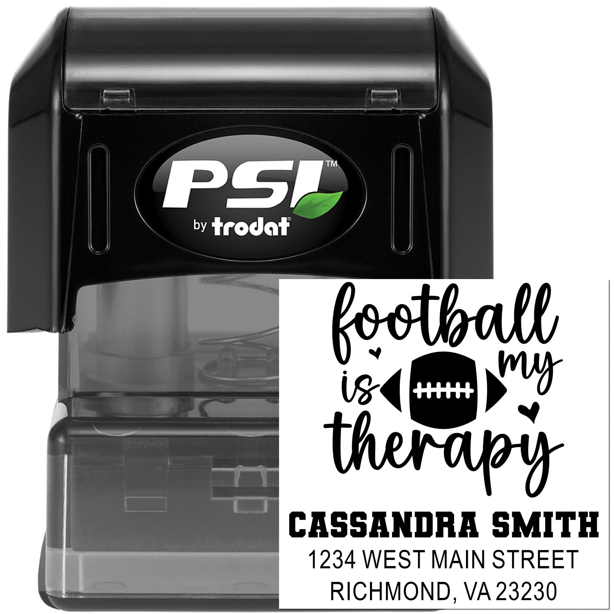 PSI by Trodat self-inking rubber stamp with custom football is my therapy design, name, and address imprint