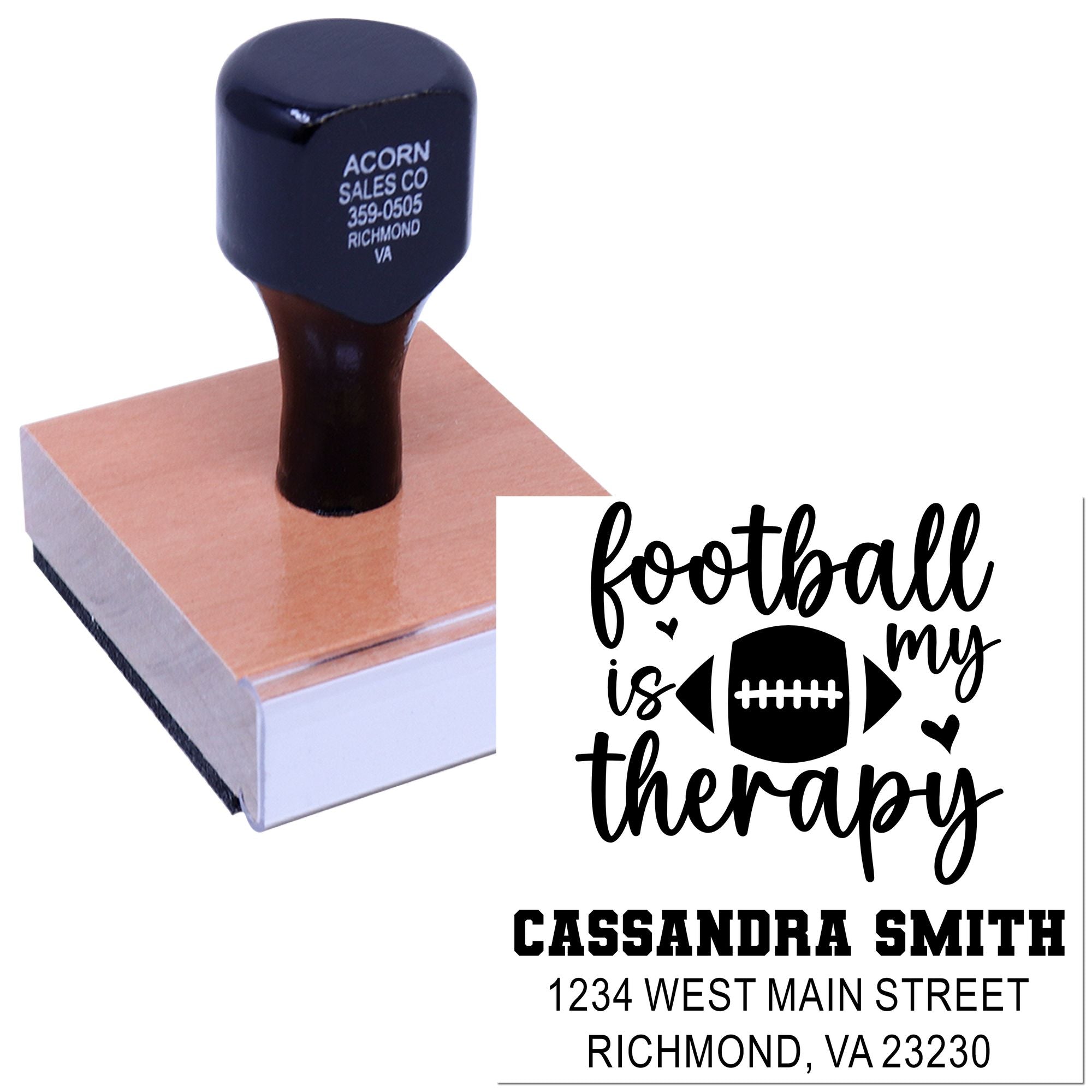 Football-themed custom return address rubber stamp with personalized name and Richmond, VA address for stationery and mail.