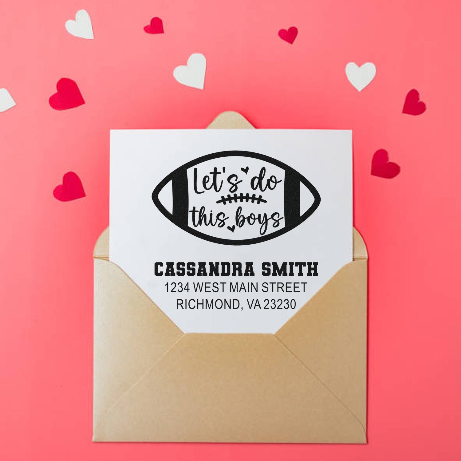 Custom football return address rubber stamp for boys, with Lets do this boys design and personalized name and address.