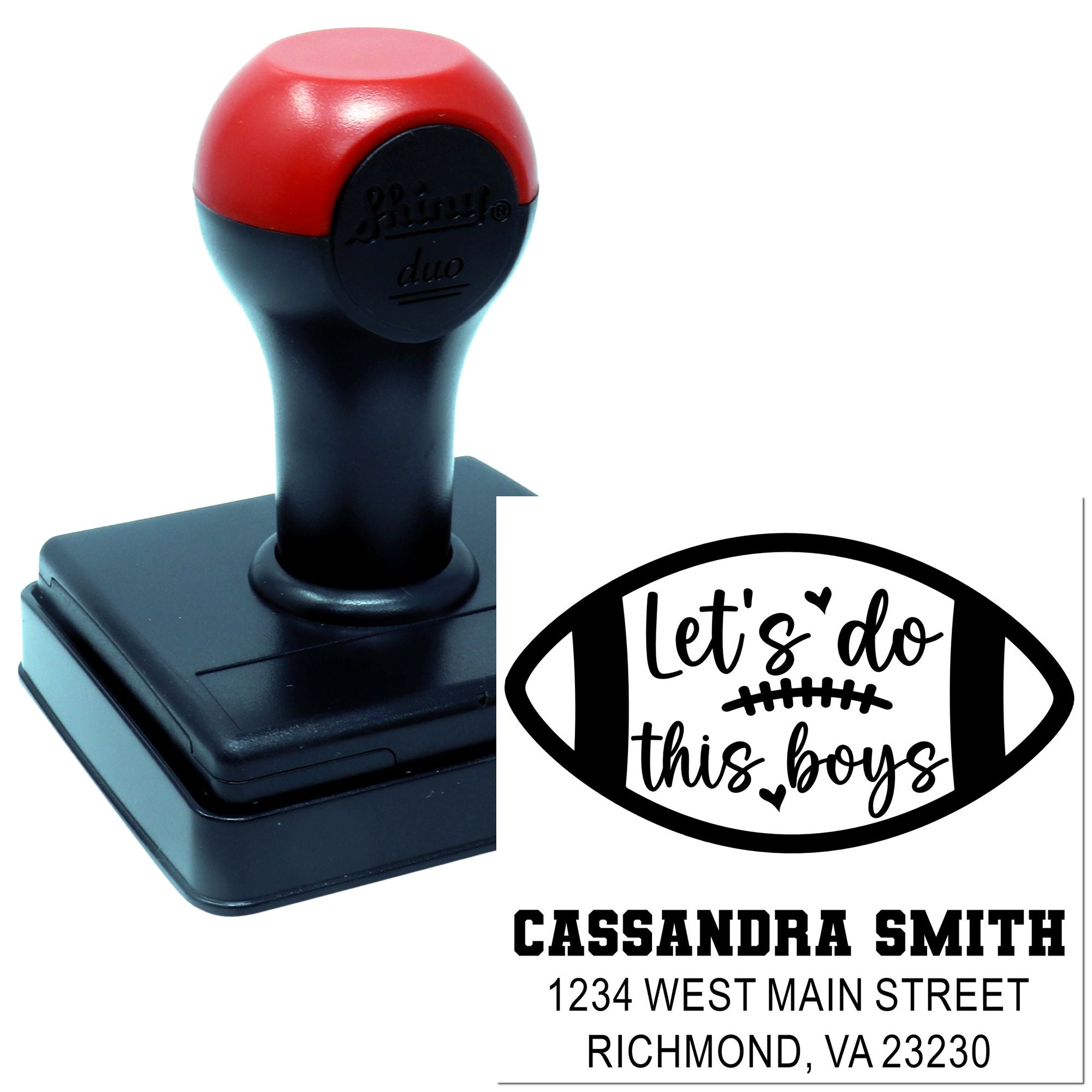 Custom football rubber stamp with personalized name and address for boys' sports events and team mailings.
