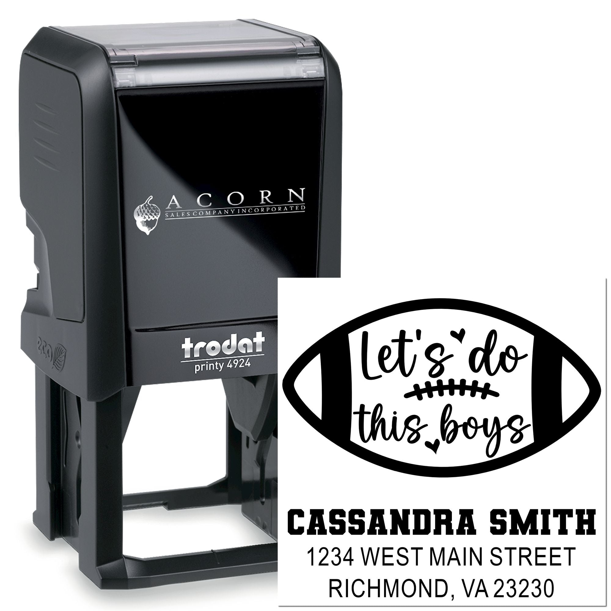 Custom self-inking rubber stamp with football design and personalized name/address, reading Lets do this boys.