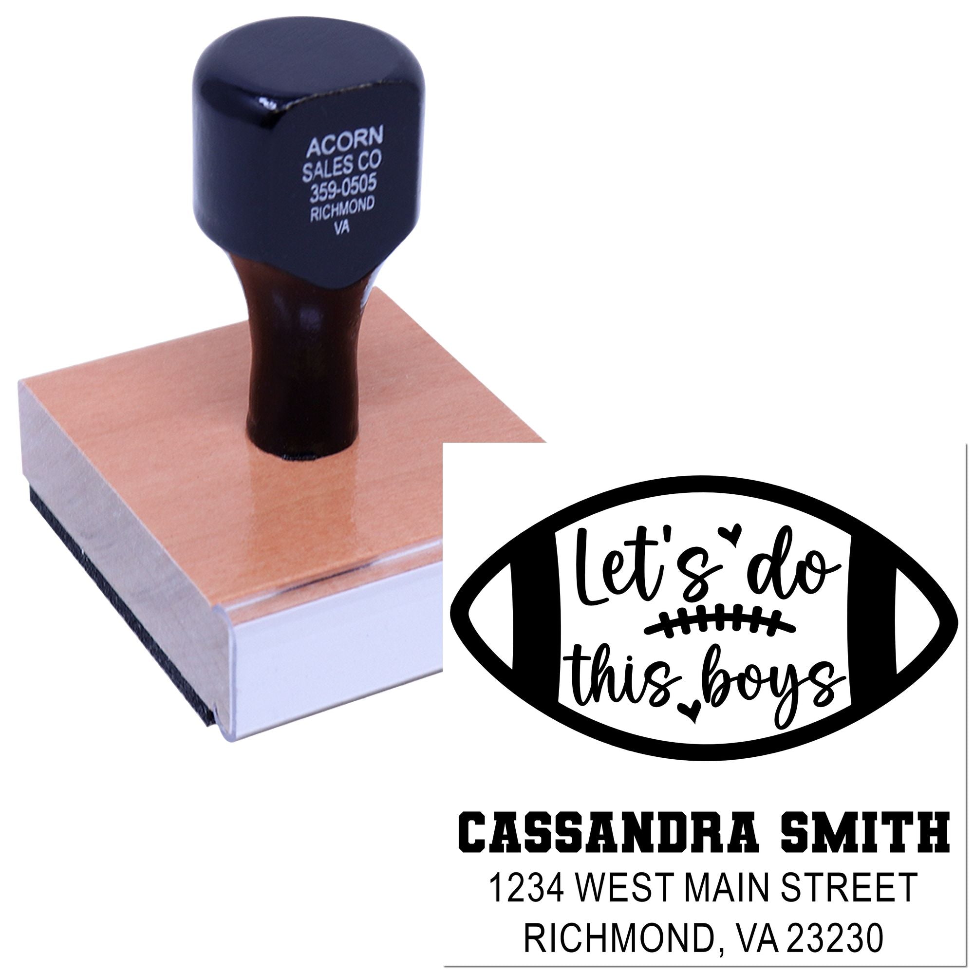 Personalized football rubber stamp with custom name and address, featuring a lets do this boys design.