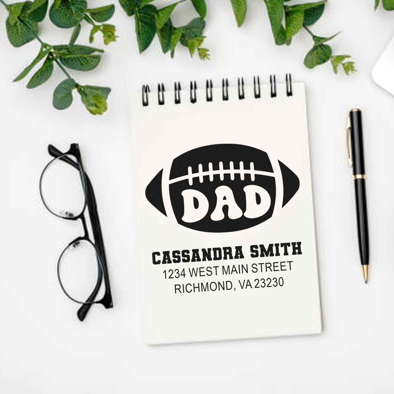 Custom football dad address rubber stamp for personalized stationery, featuring Cassandra Smith and Richmond, VA address.