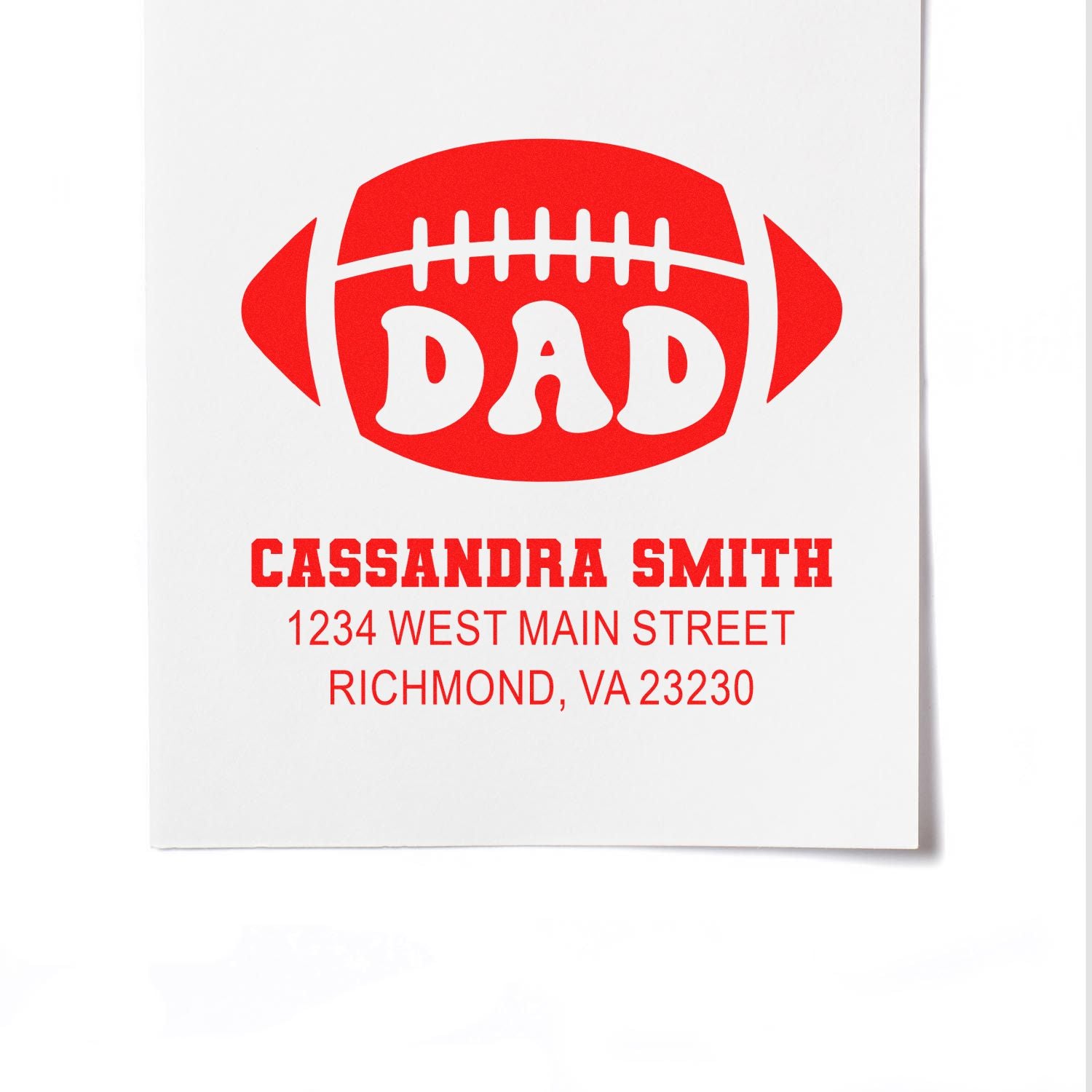 Custom rubber stamp with football Dad design, Cassandra Smith name, and Richmond, VA return address.