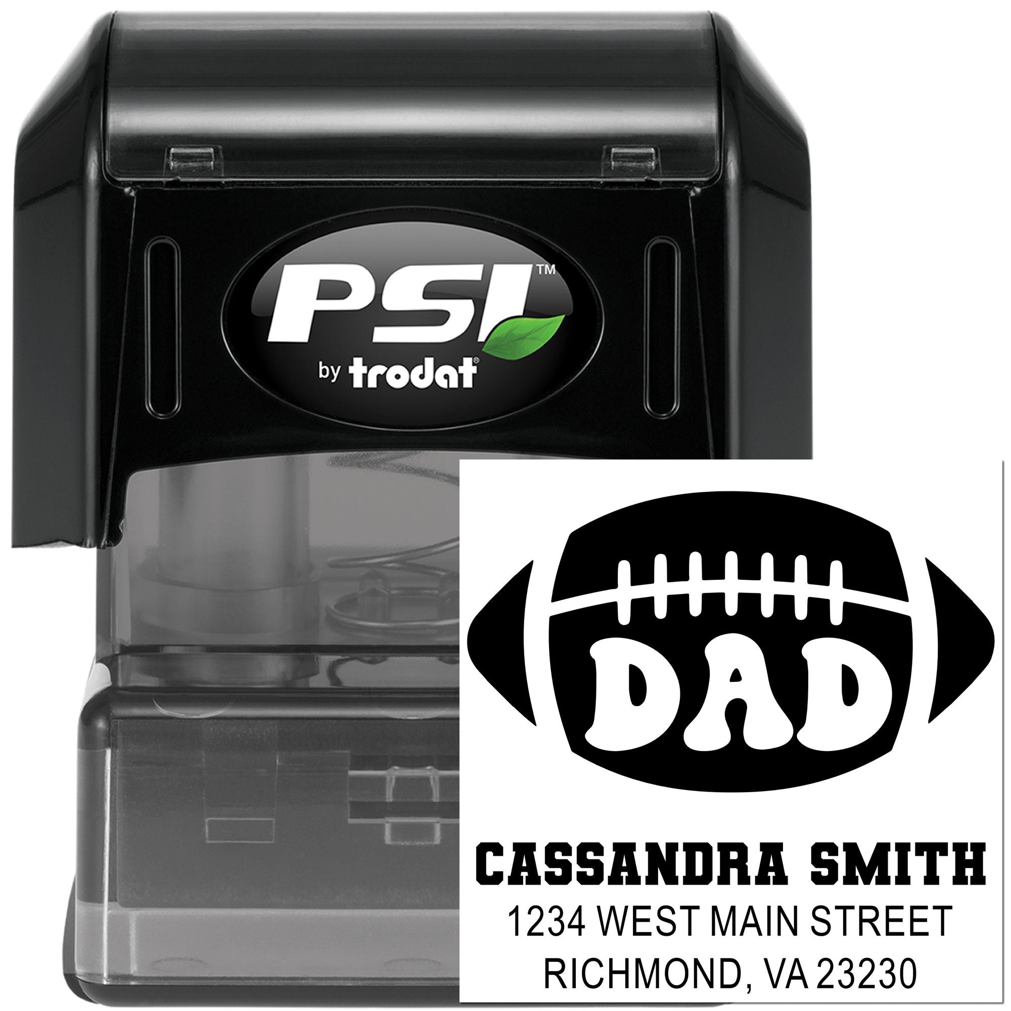 Custom football dad self-inking return address rubber stamp, PSI by Trodat, with name and Richmond, VA address.