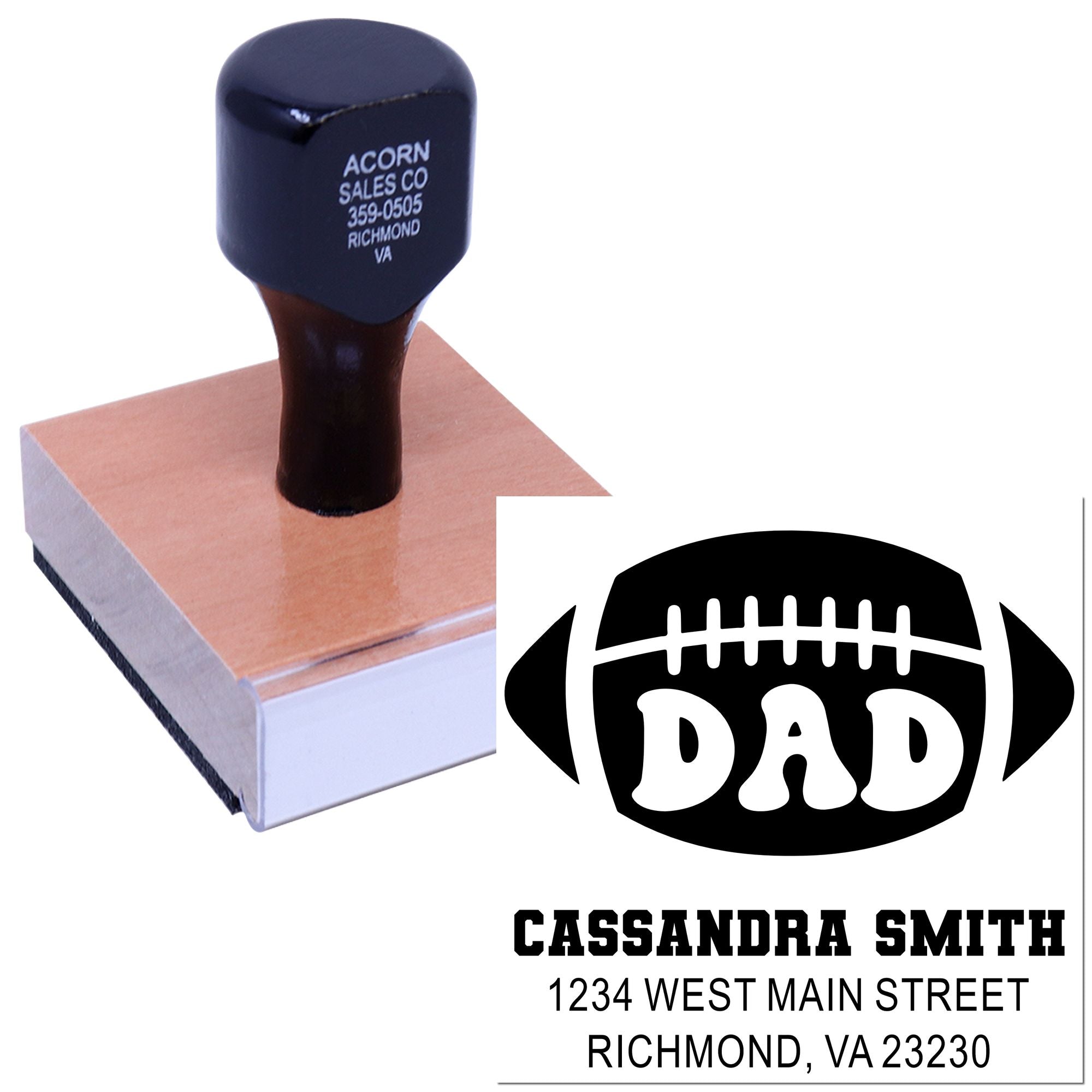 Custom football dad rubber stamp with personalized name and address for return addressing and gifting.