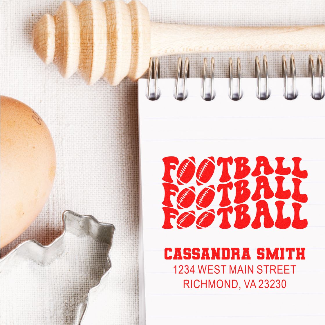 Custom football address rubber stamp with personalized name and address for sports fan stationery