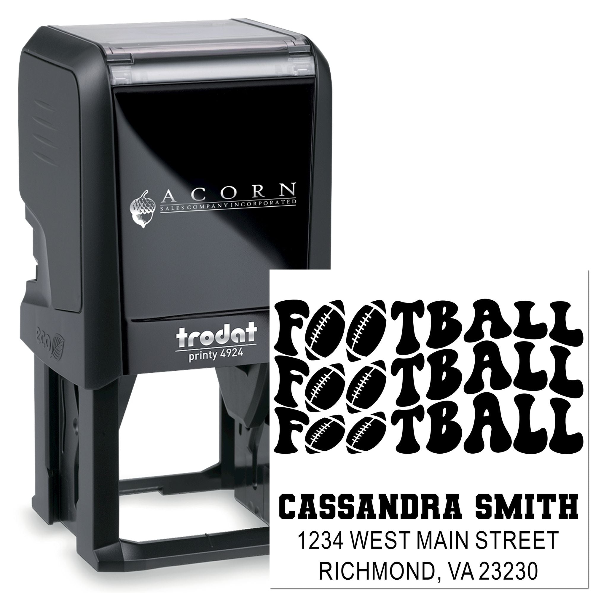 Custom football self-inking rubber stamp with personalized name and return address for sports-themed mailing.