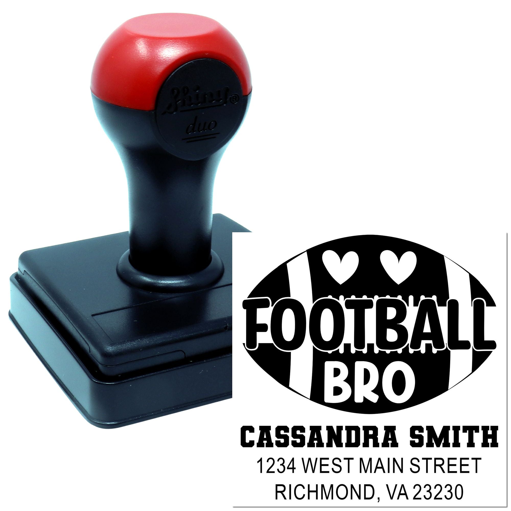 Personalized self-inking football-themed address rubber stamp for Cassandra Smith with Football Bro design.