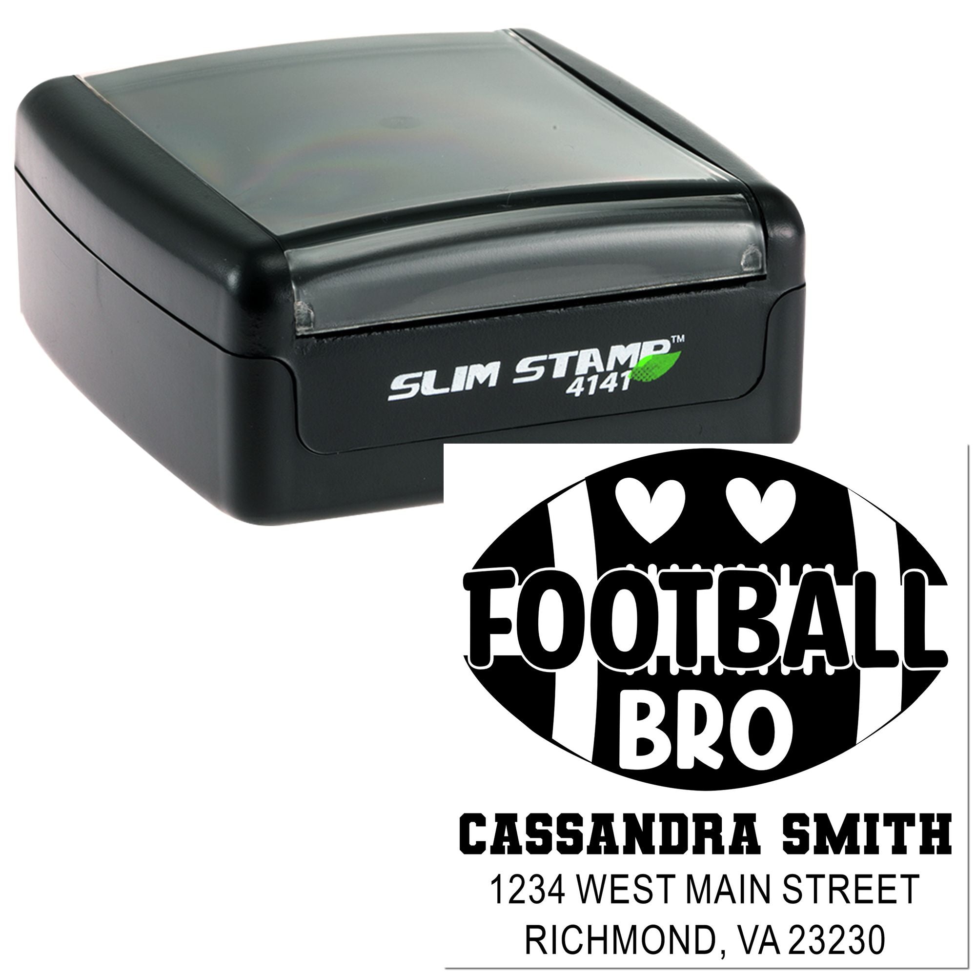 Custom self-inking rubber stamp for football fans, showing Football Bro with personalized name and address imprint.