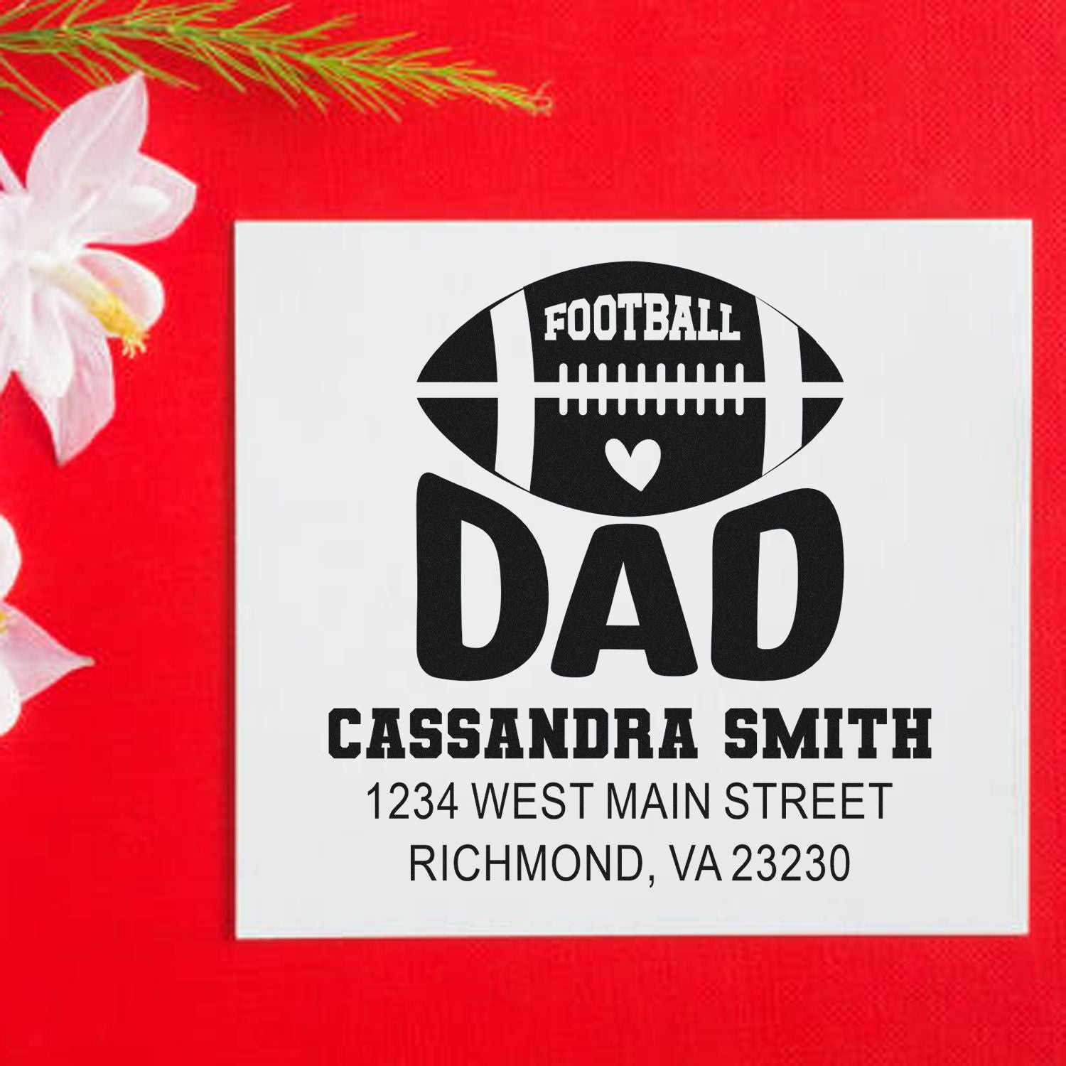 Custom football dad rubber stamp with personalized name and address for sports-themed mailing, invitations, and gifts.