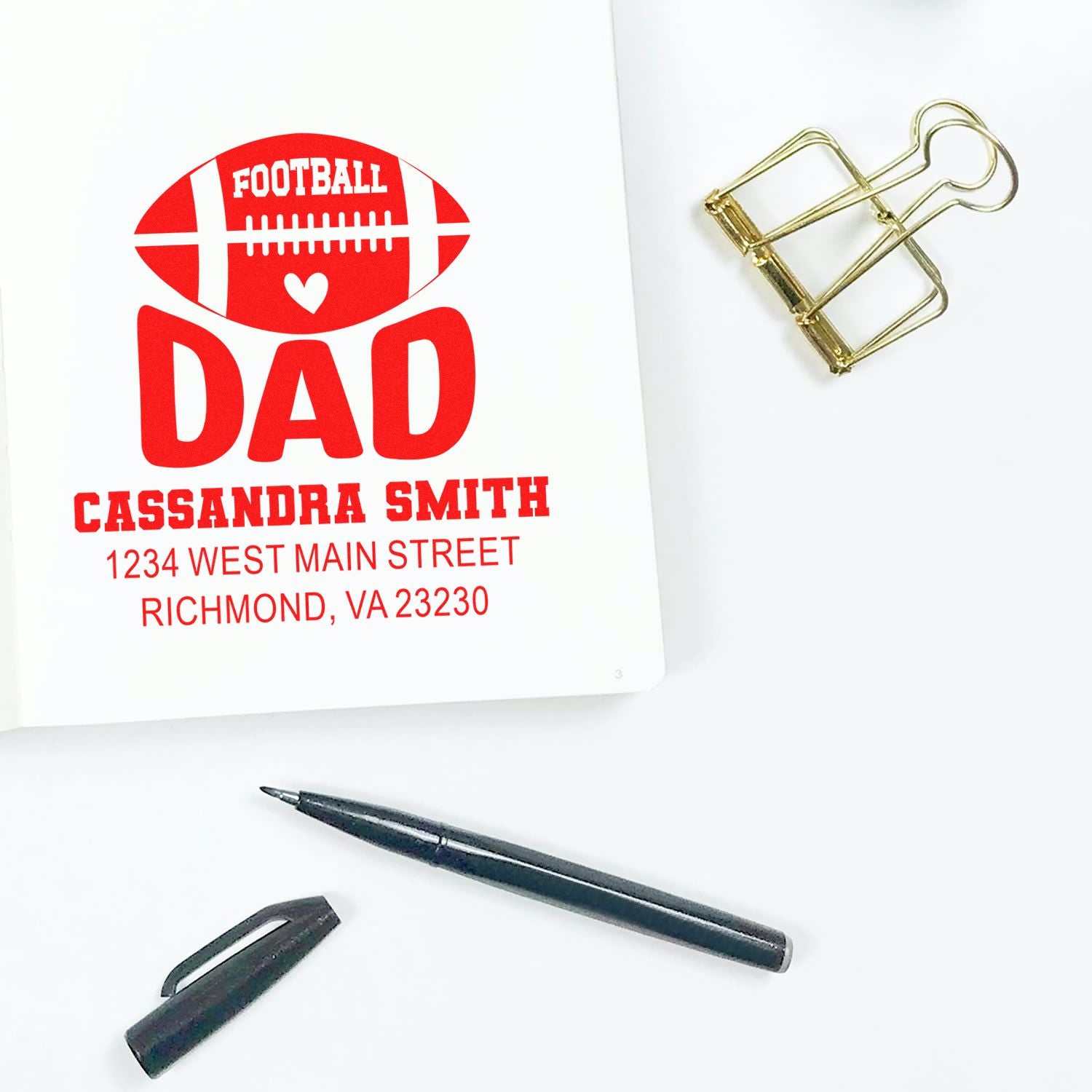 Custom football dad address stamp with name and address for personalized gifts and stationery.