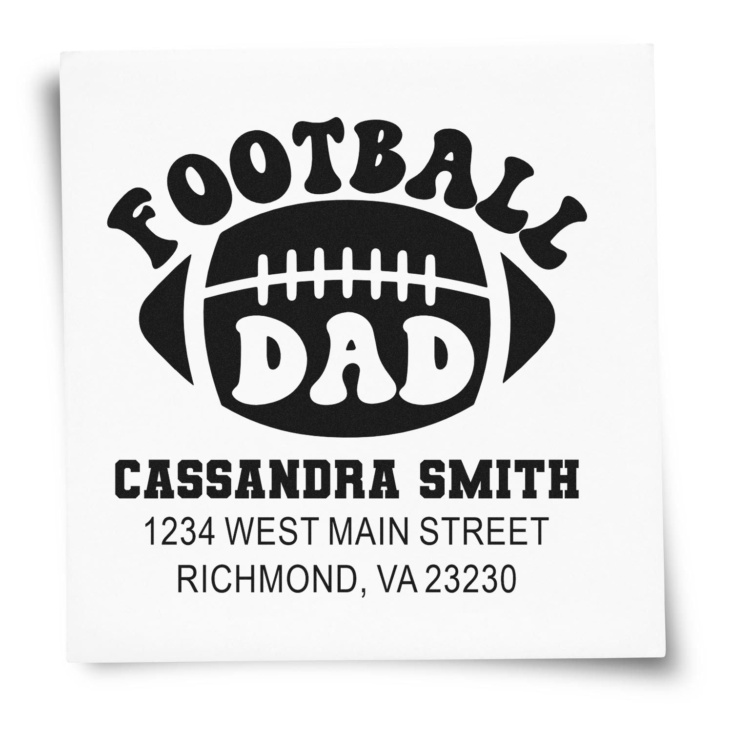 Custom football dad return address rubber stamp with football graphic, name, and address.