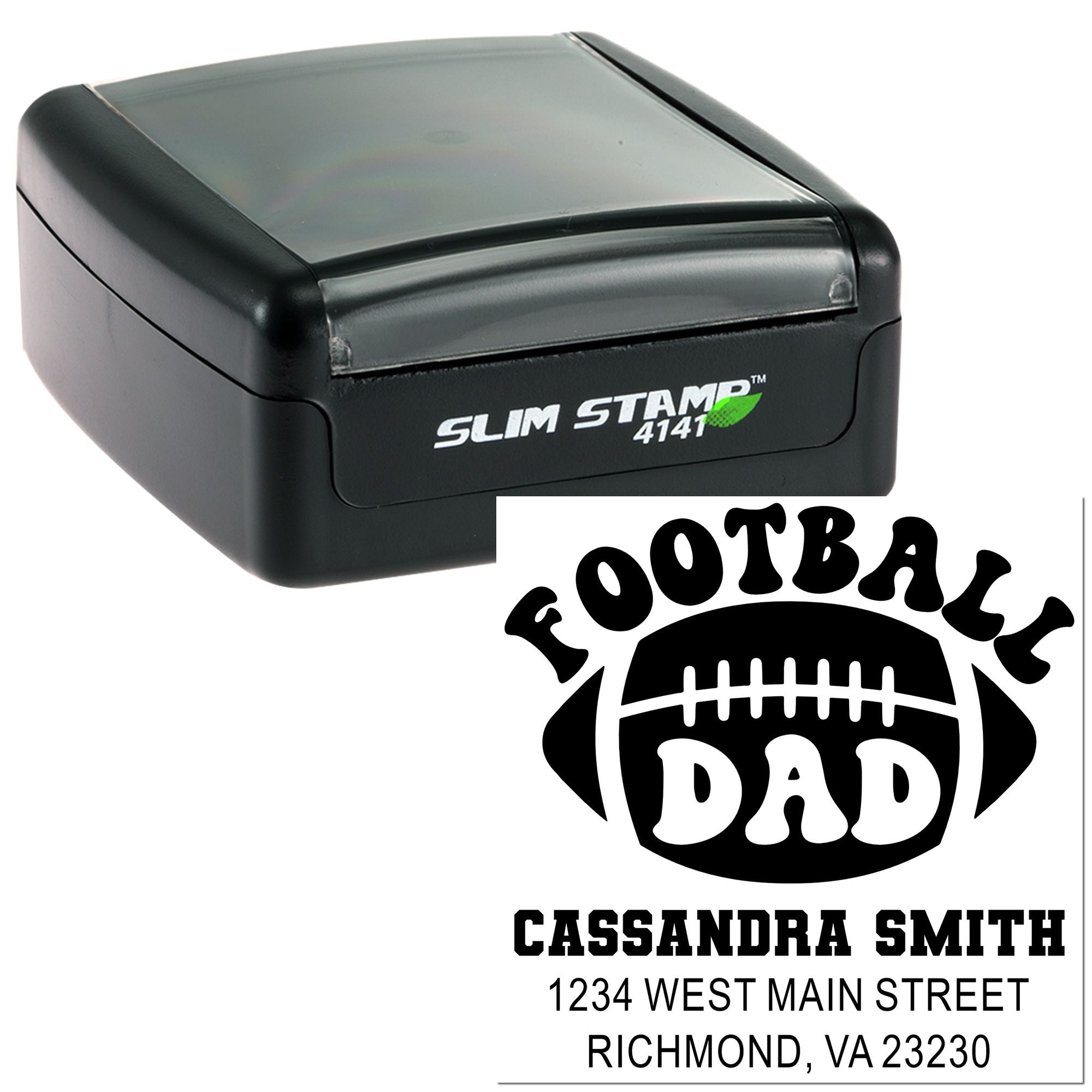 Self-inking football dad rubber stamp with custom name and address for personalized return addressing
