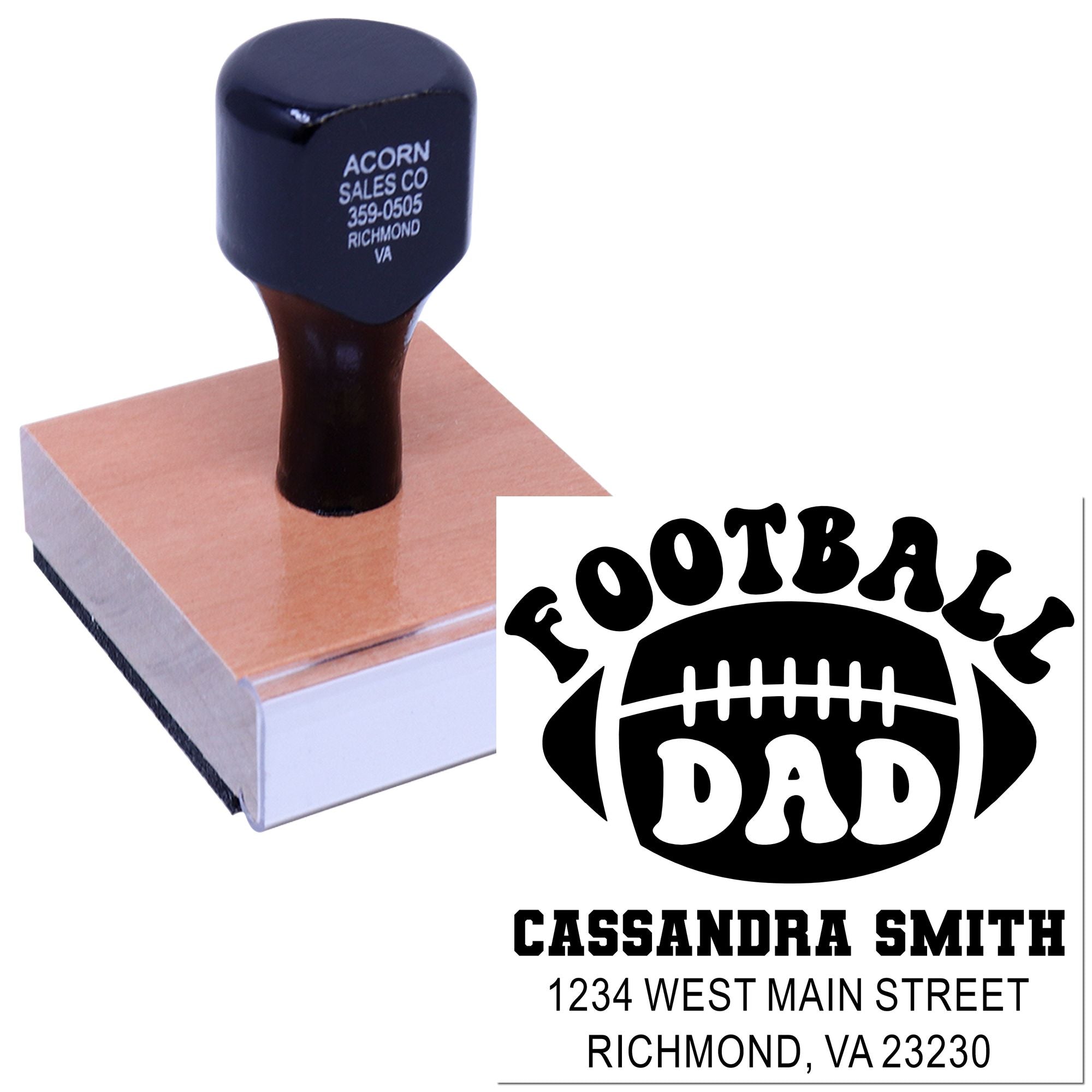 Custom football dad rubber stamp with name and address, ideal for personalized mailing and sports-themed crafts.
