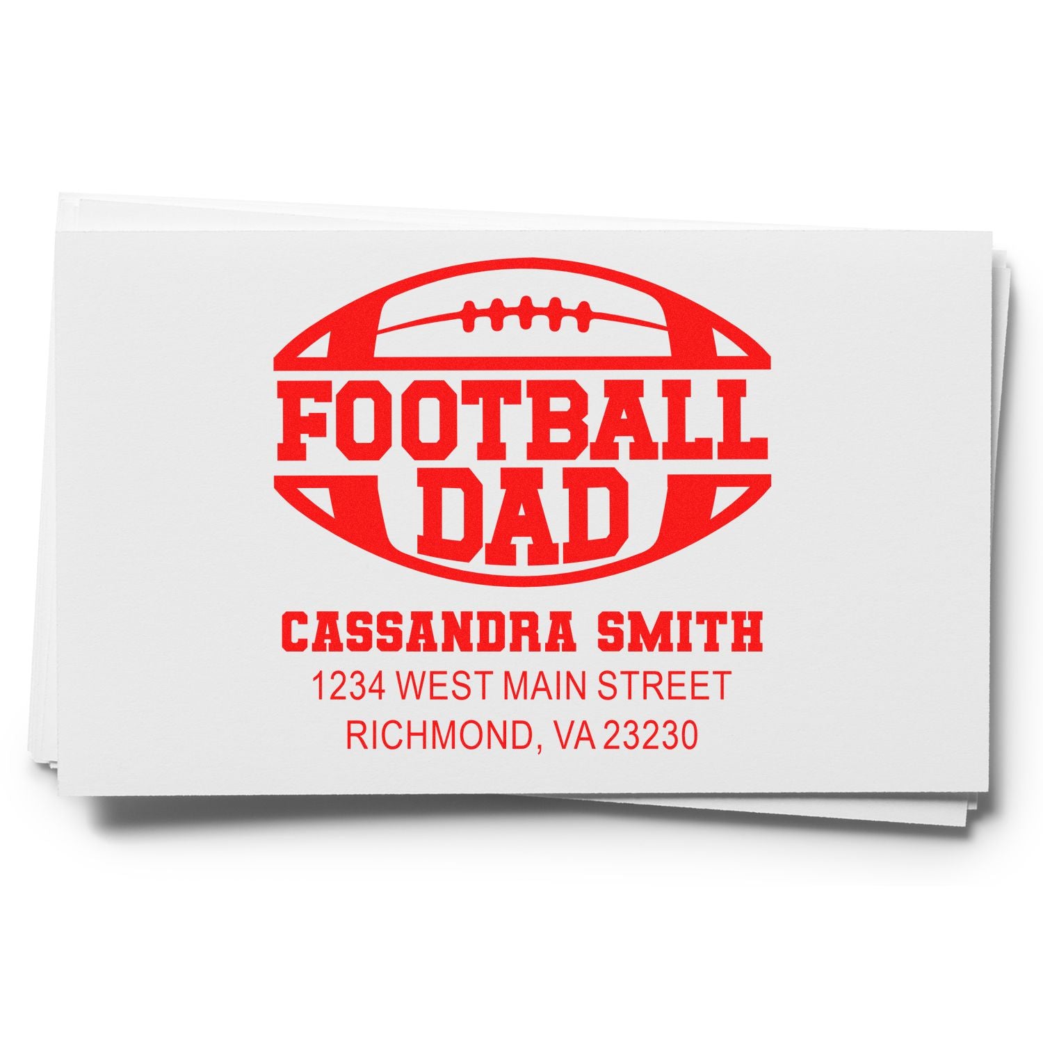 Custom football dad return address rubber stamp for Cassandra Smith with name and Richmond, VA address.