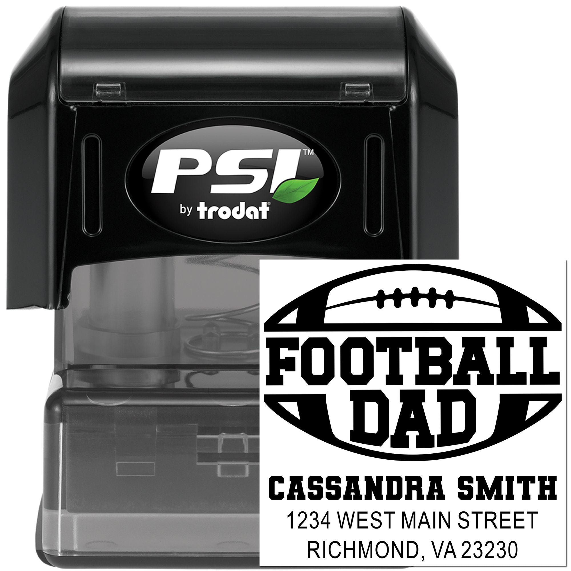 PSI by Trodat self-inking custom football dad rubber stamp with name, address and football-themed imprint
