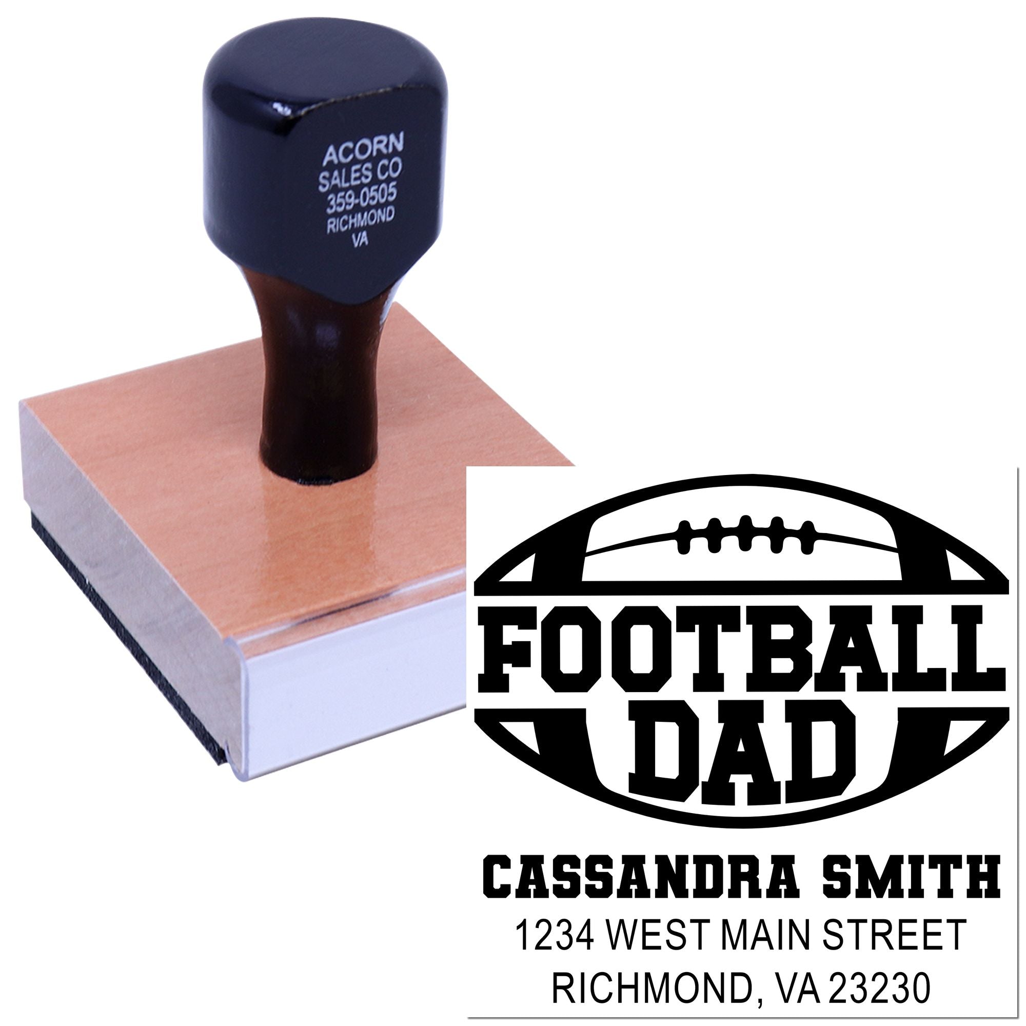 Custom Football Dad rubber stamp with personalized name and address for cards, packaging, and gift stamping.