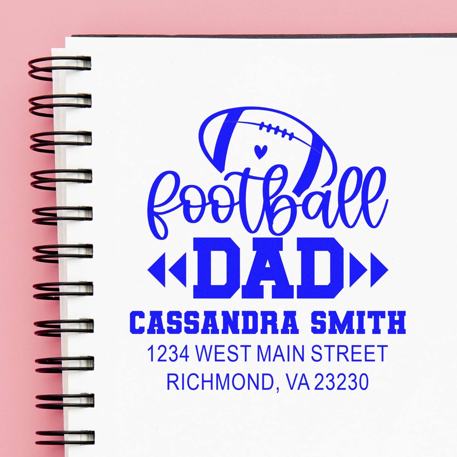 Personalized football dad rubber stamp with name and address for custom sports stationery, gifts, and mailing labels.