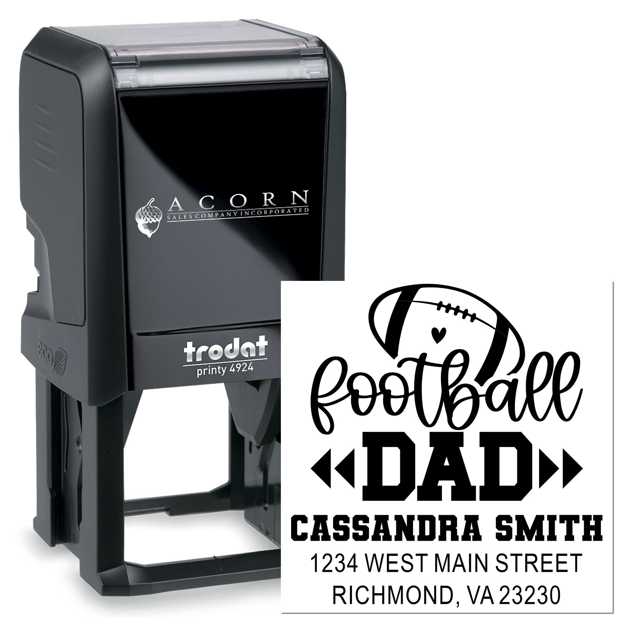 Custom self-inking rubber stamp with football dad address design, Trodat Printy 4924, personalized for Cassandra Smith.