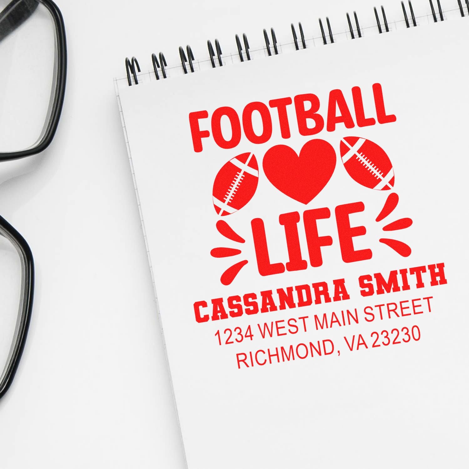 Custom football love rubber stamp with name and address for personalized sports-themed stationery and craft projects.