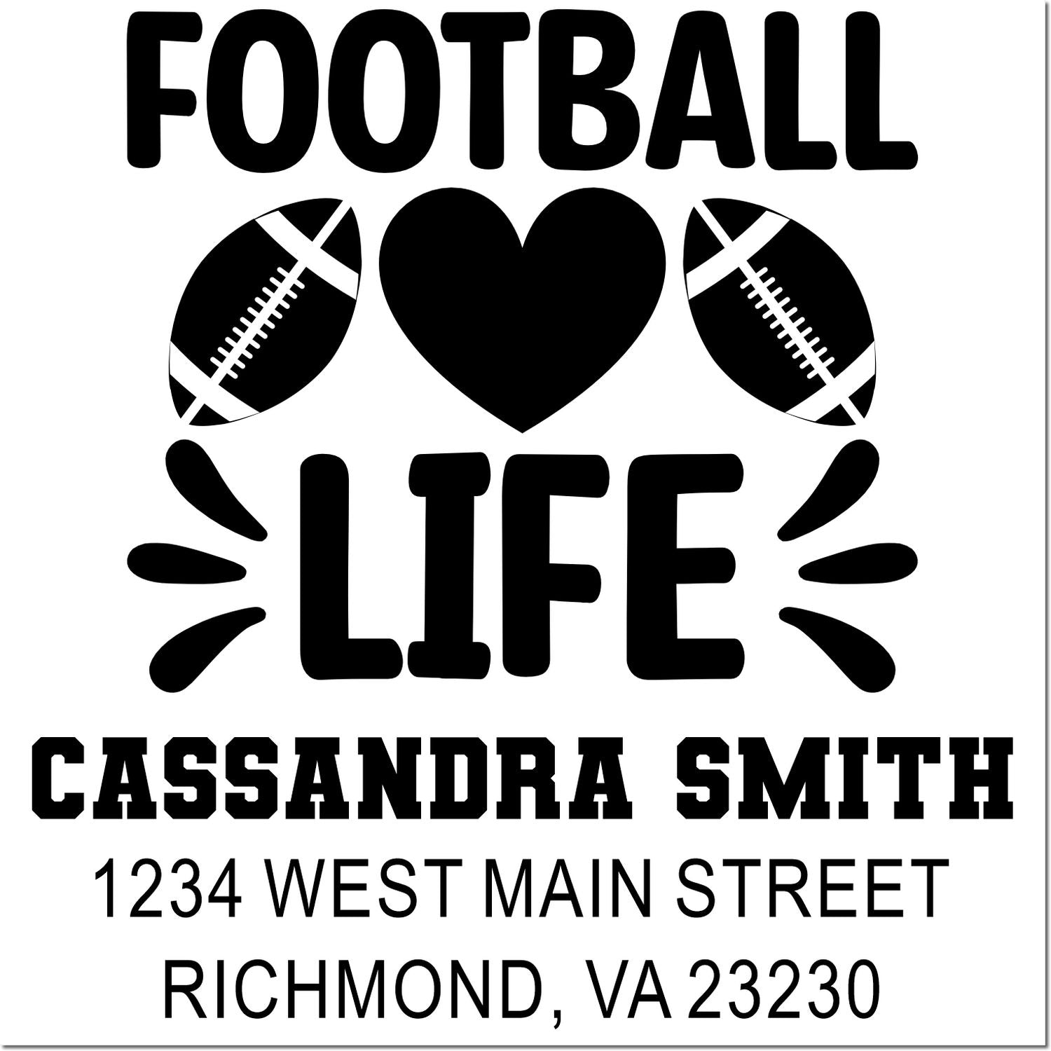 Custom football heart life rubber stamp with personalized name and address.