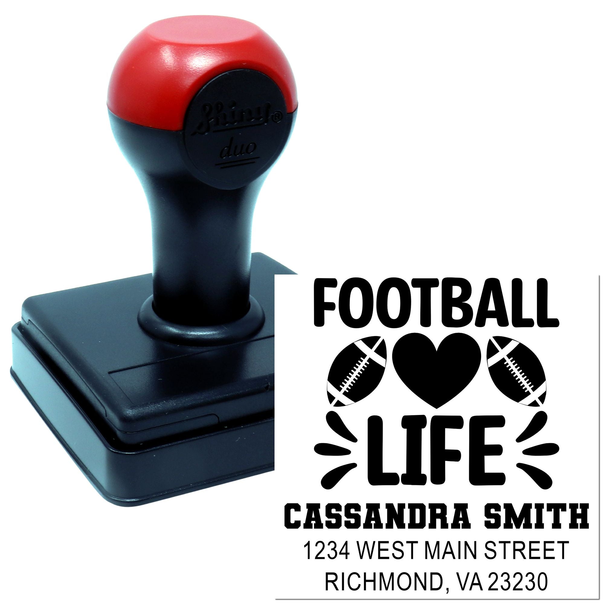 Personalized football life self-inking rubber stamp with custom name and address for sports-themed invitations and mail.