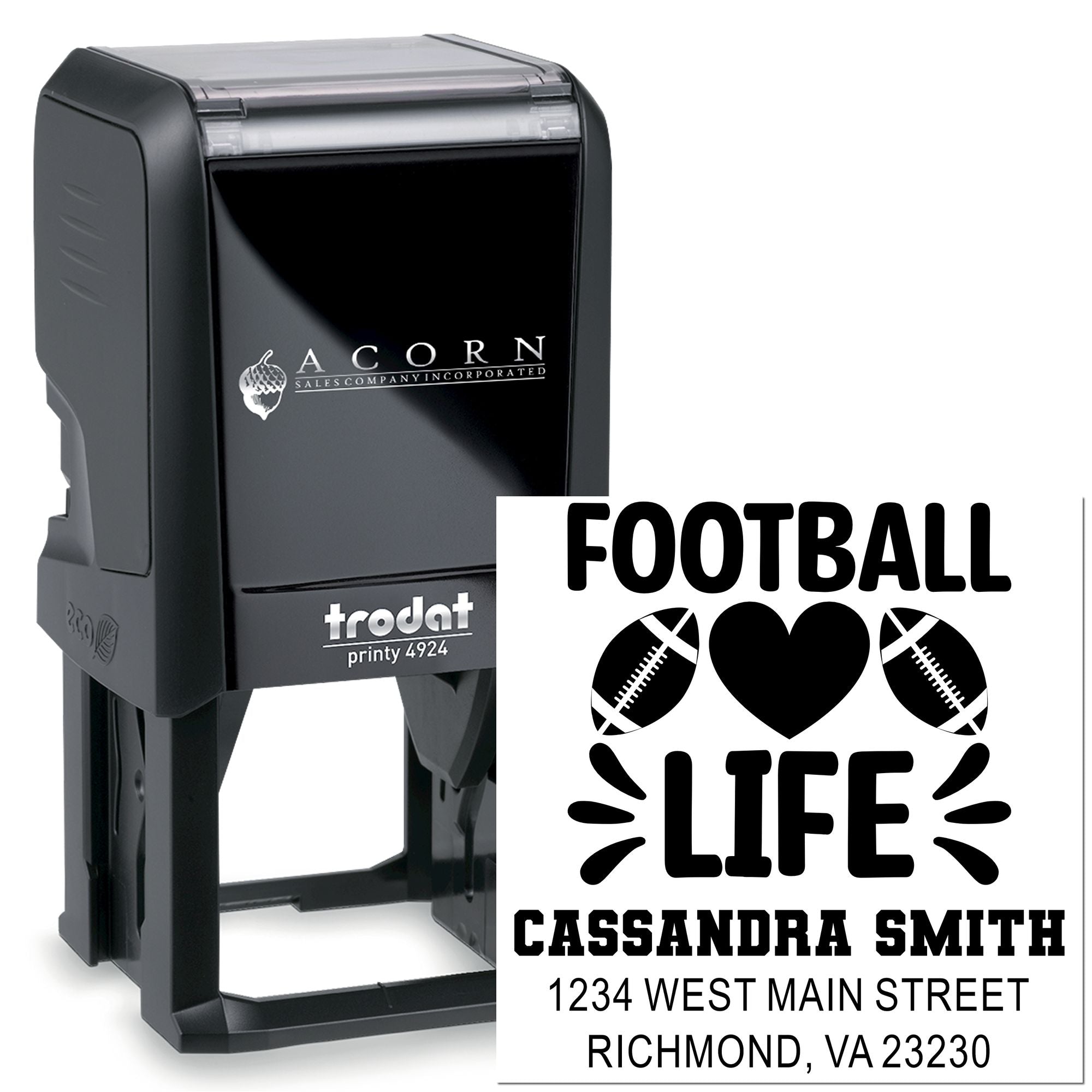 Personalized football self-inking rubber stamp with custom name and address for sports fans