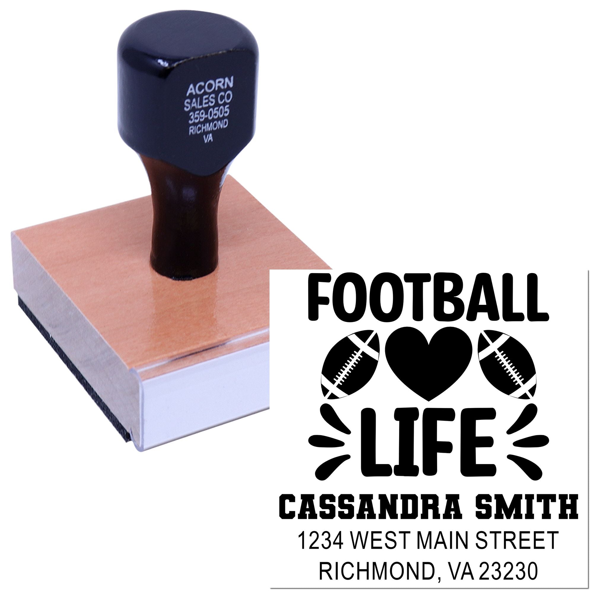 Custom football life rubber stamp with name and address, ideal for personalized sports-themed mailings.