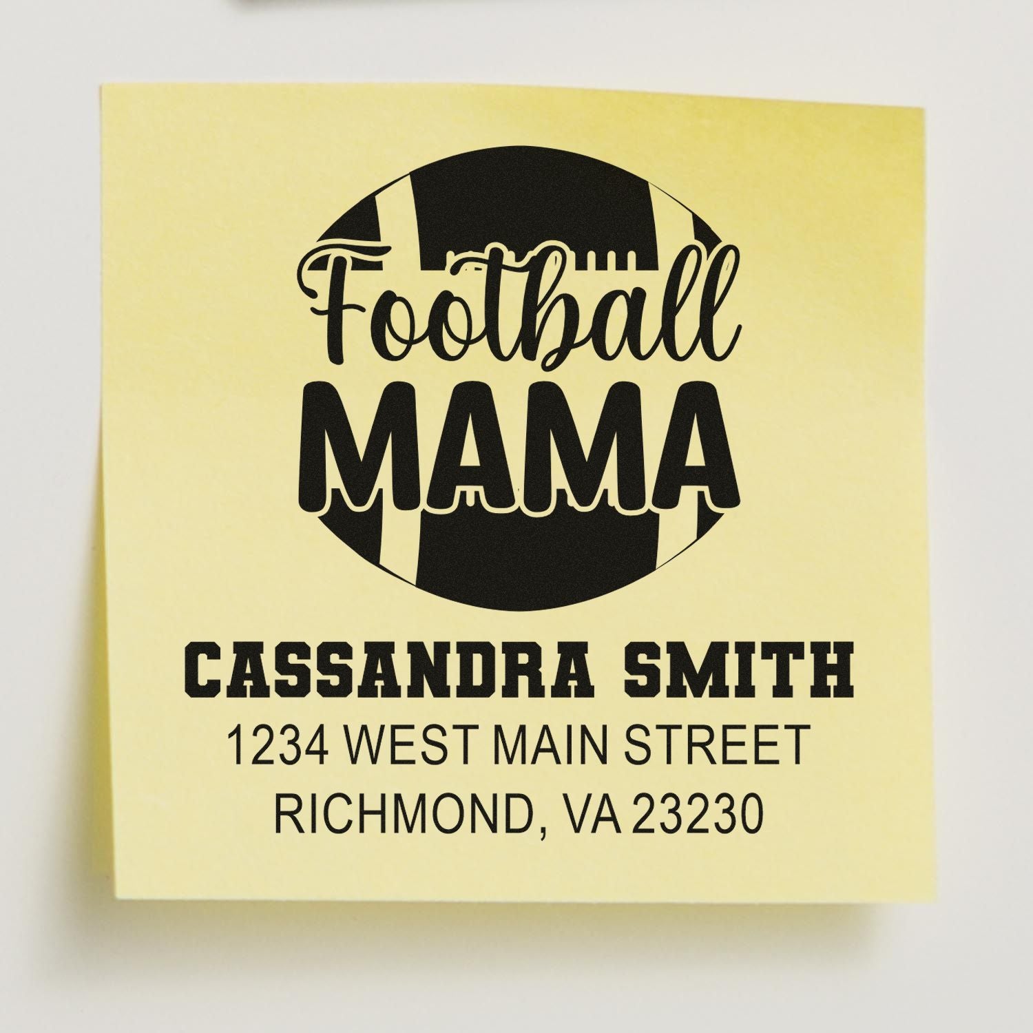 Custom football mama address rubber stamp with personalized name and return address for sports-themed mailings.