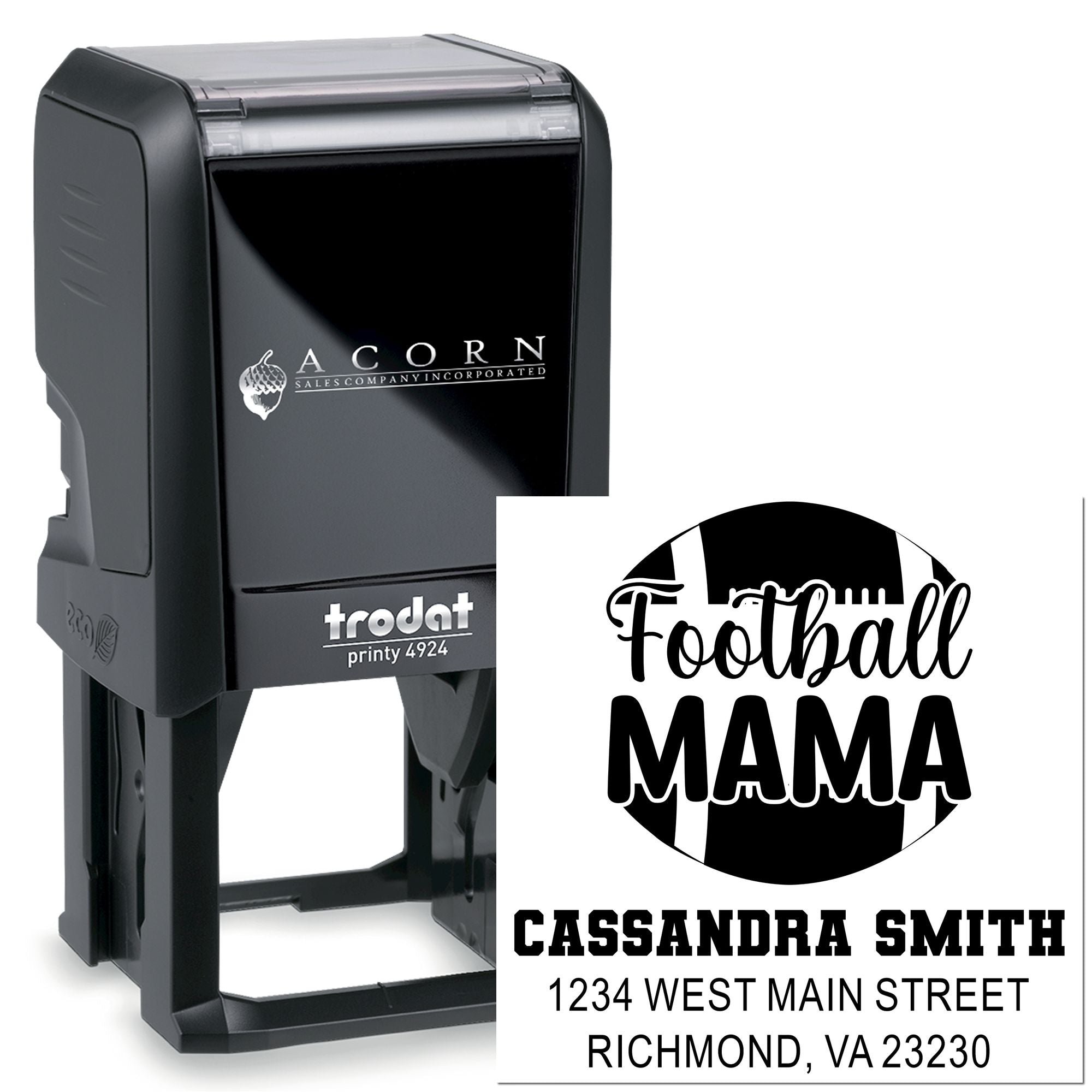 Custom self-inking rubber stamp with Football Mama design, name, and address for personalized mailing and craft labeling.
