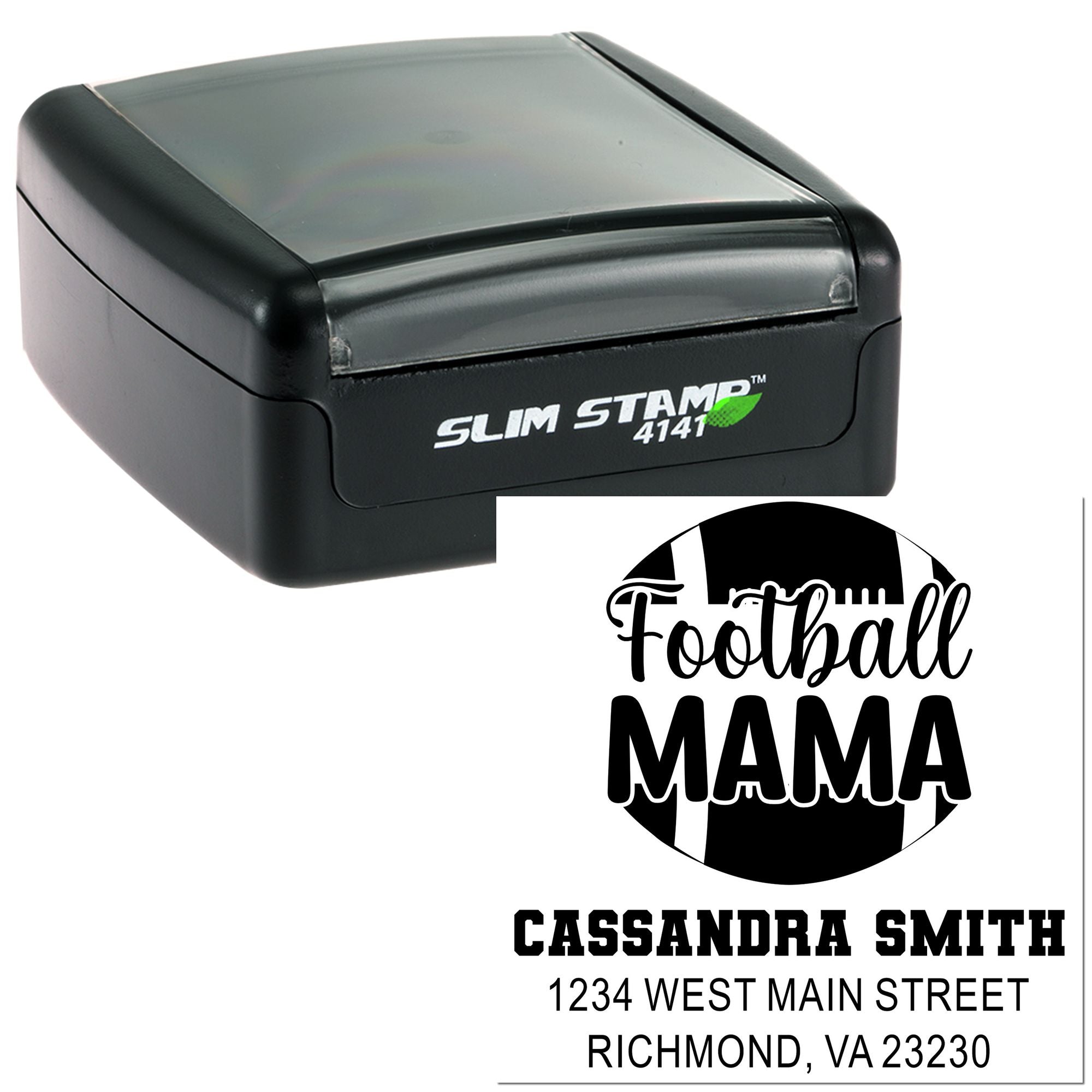 Custom football mama self-inking rubber stamp with name and address, ideal for personalized return address labels.
