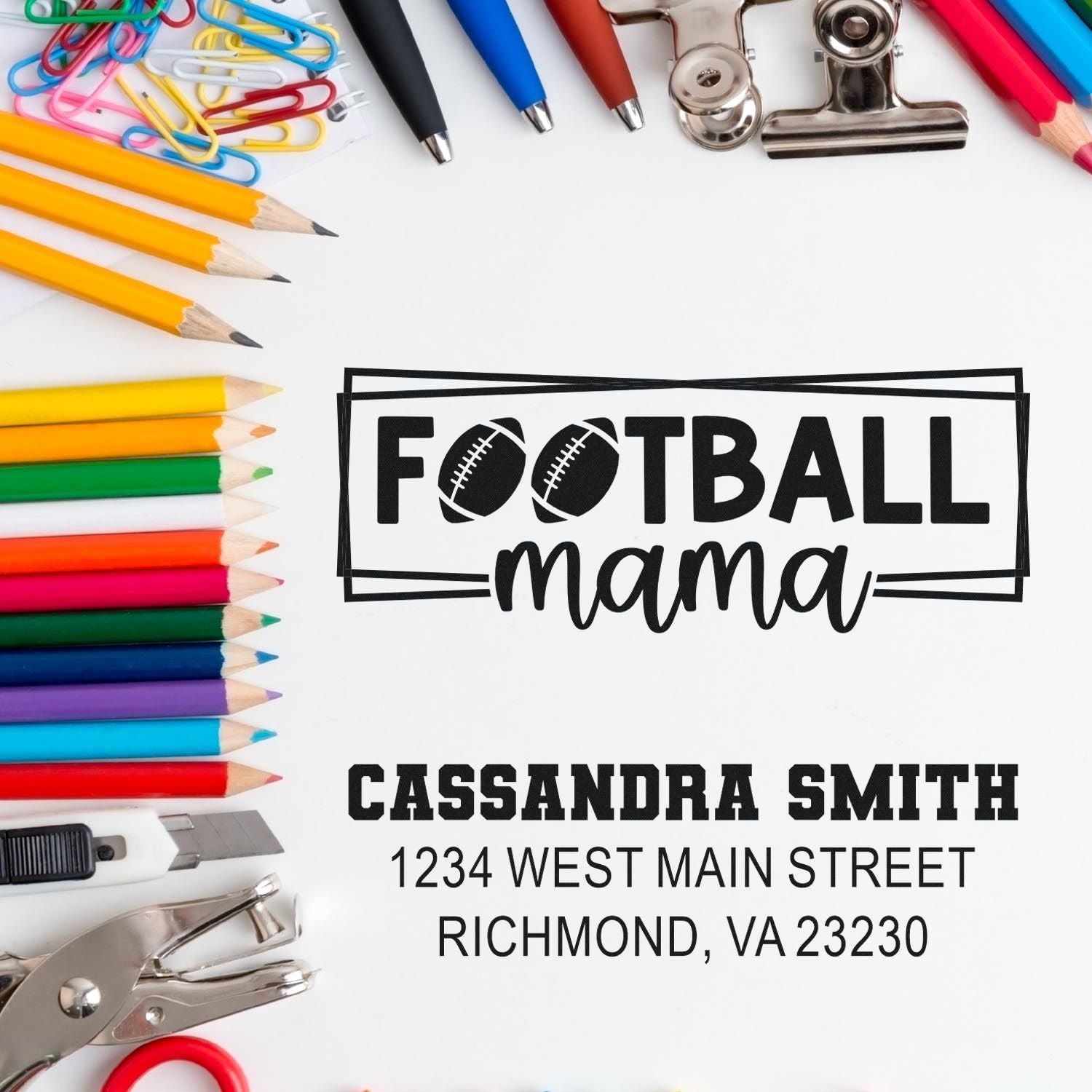 Personalized football mama rubber stamp design with name and address, custom stationery for sports moms.