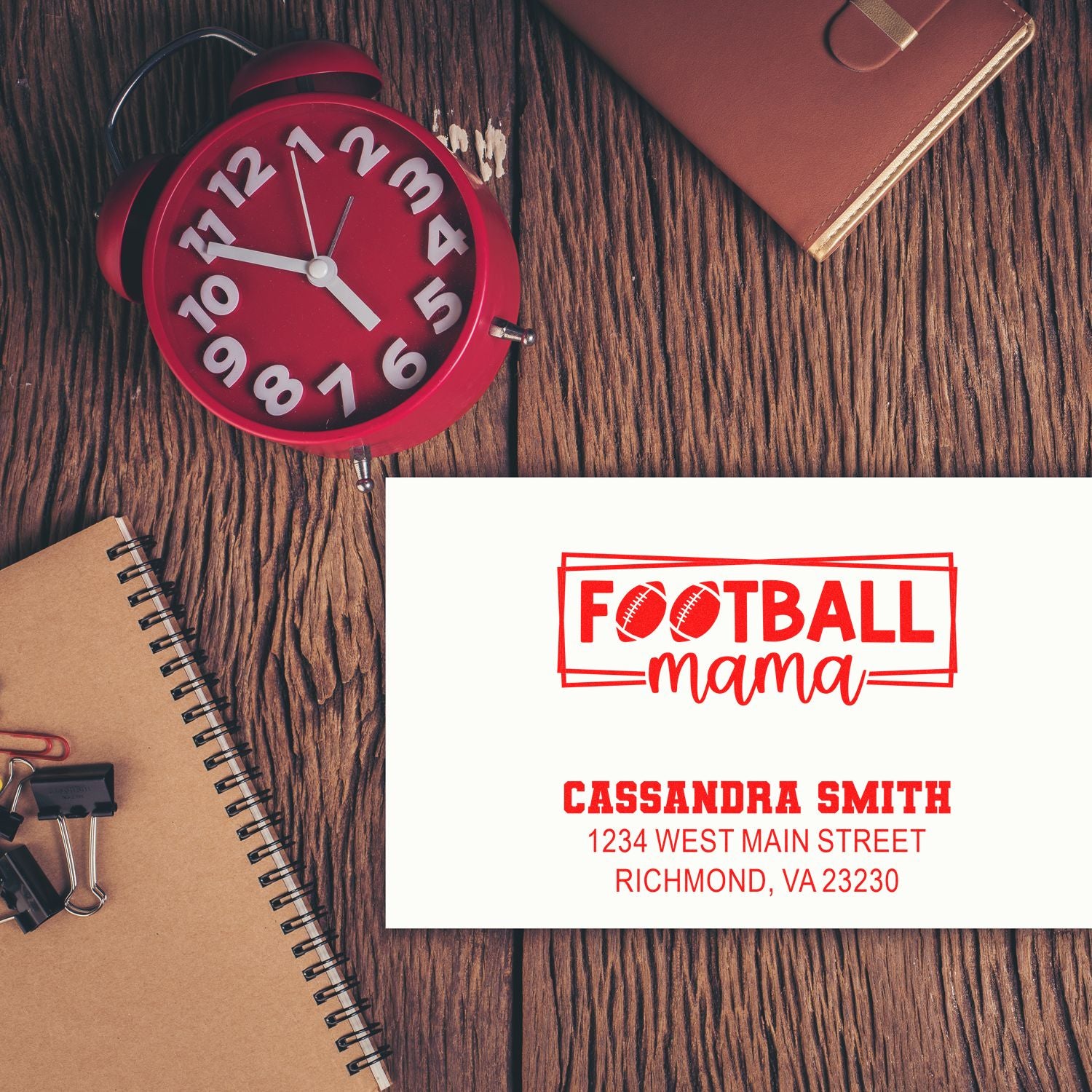 Personalized Football Mama rubber stamp return address design for custom sports fan envelopes and stationery.
