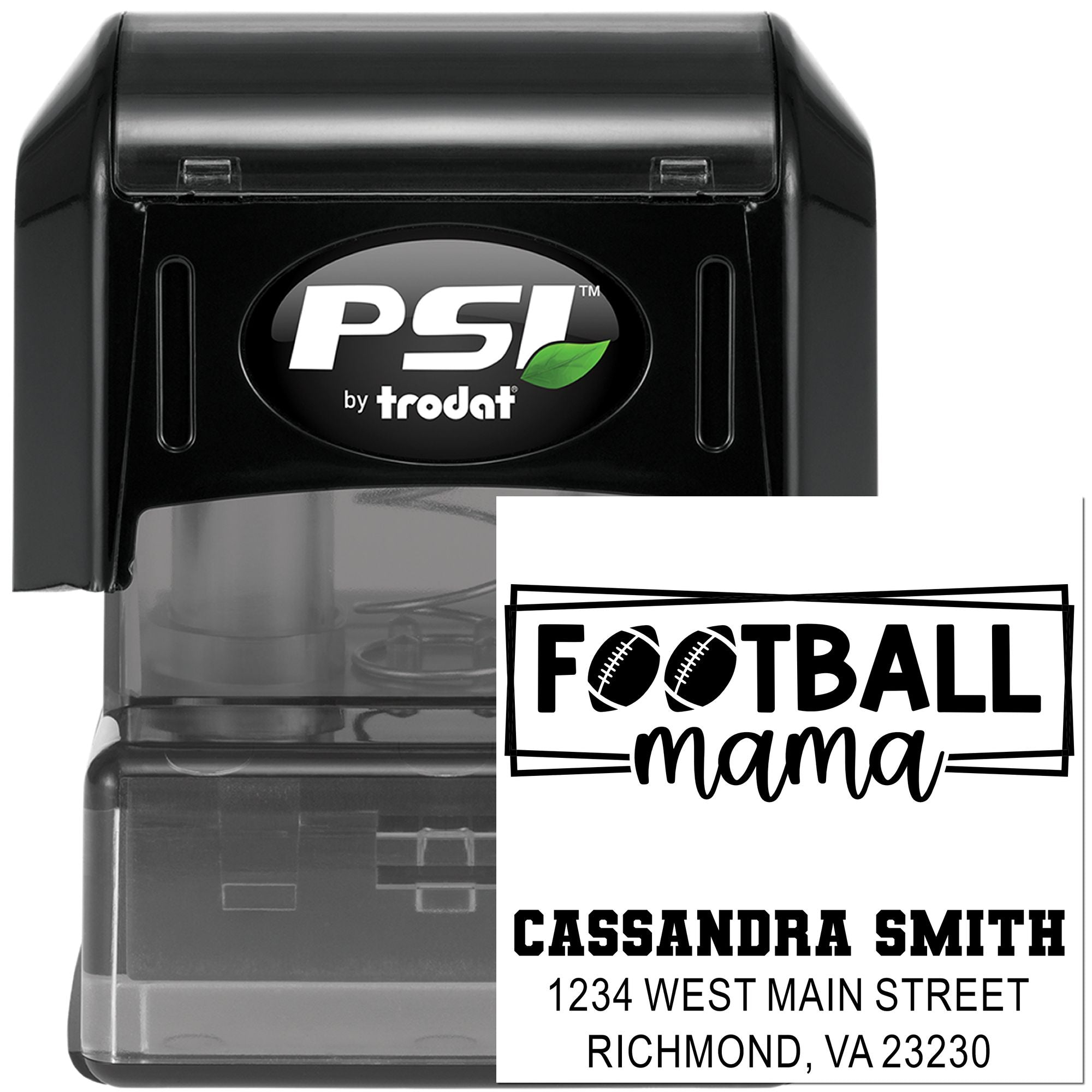 Personalized football mama address rubber stamp, PSI by Trodat self-inking stamp for custom mailing and craft use.