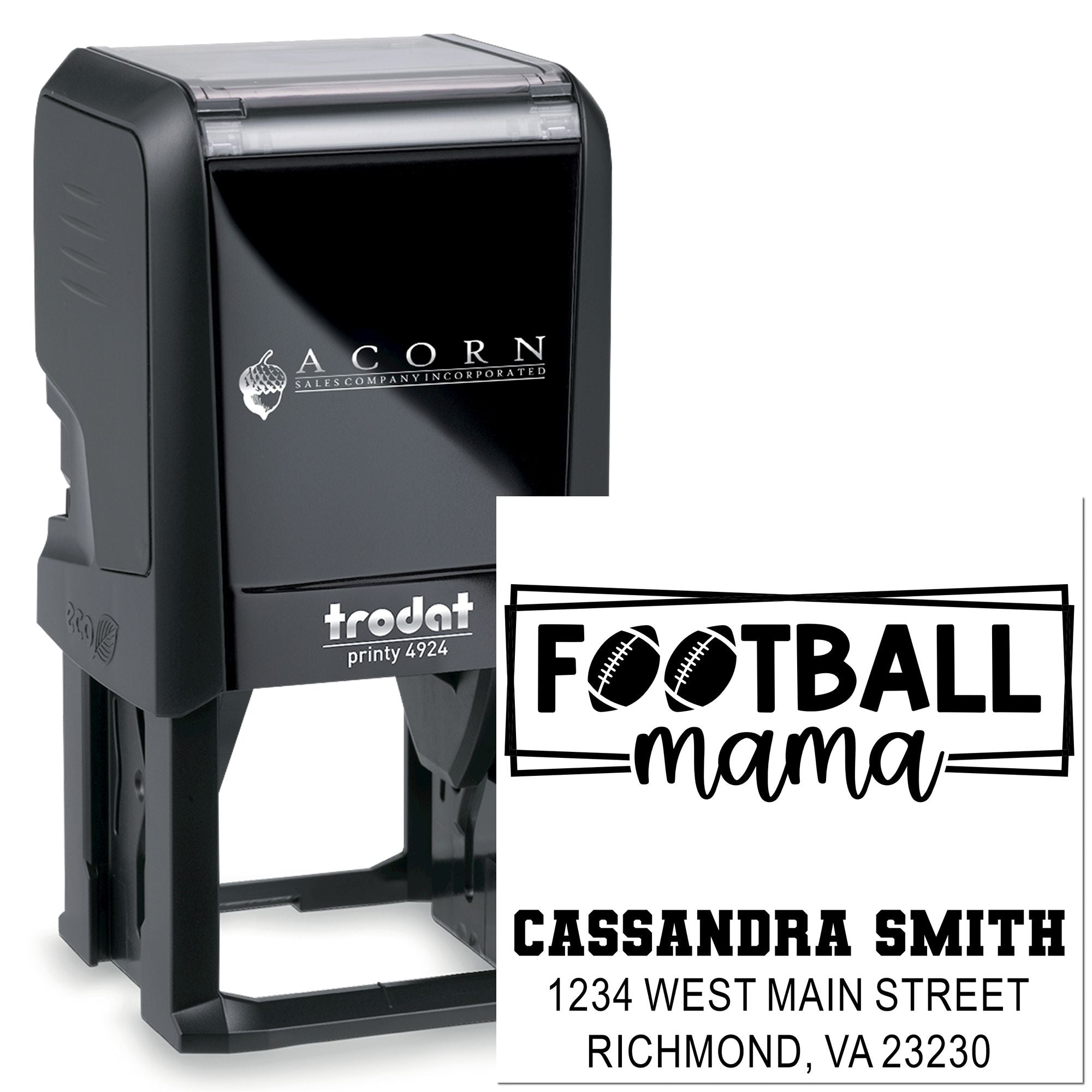 Custom Trodat self-inking rubber stamp with football mama design, name, and address imprint for personalized mailing.