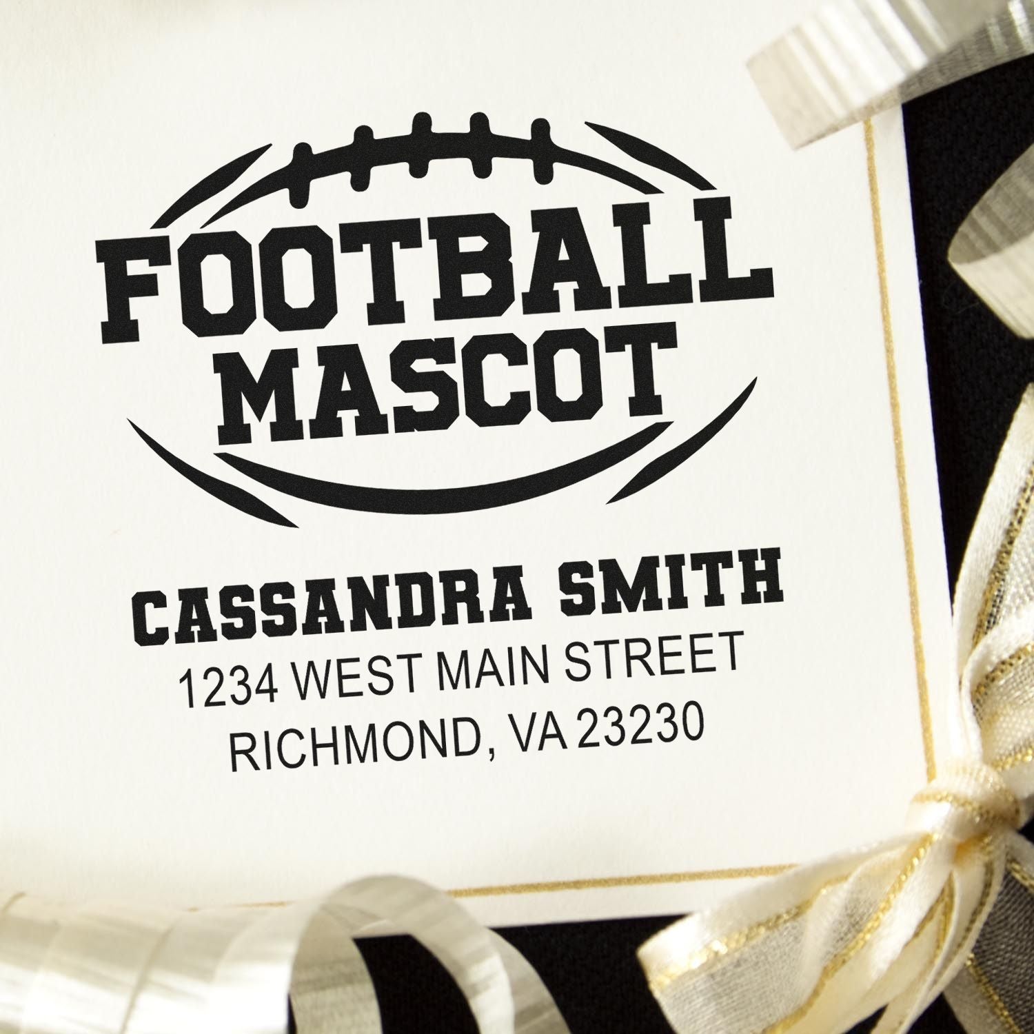Custom football mascot return address rubber stamp with name and Richmond, VA address
