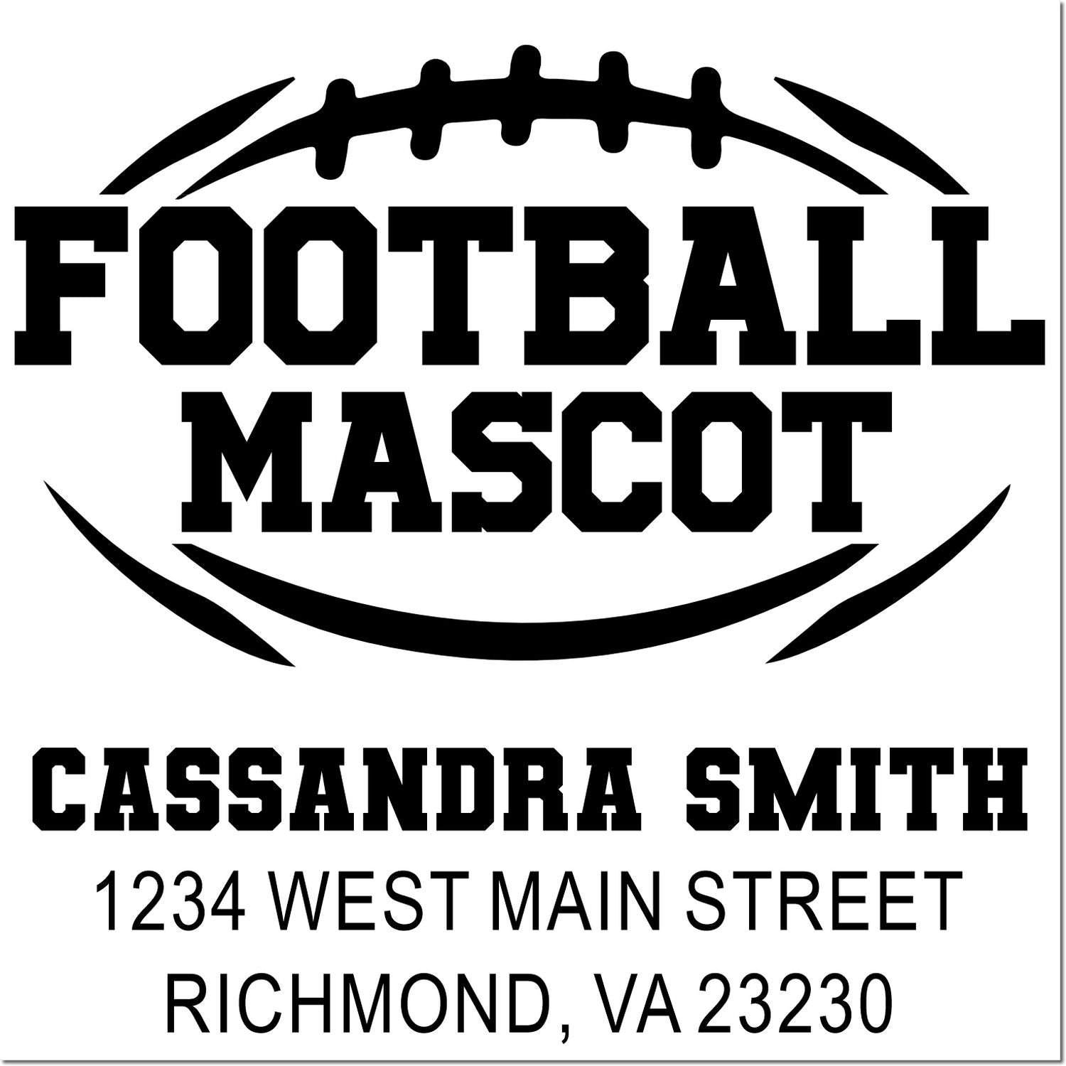 Custom football mascot rubber stamp for Cassandra Smith with name and address, Richmond, VA 23230.