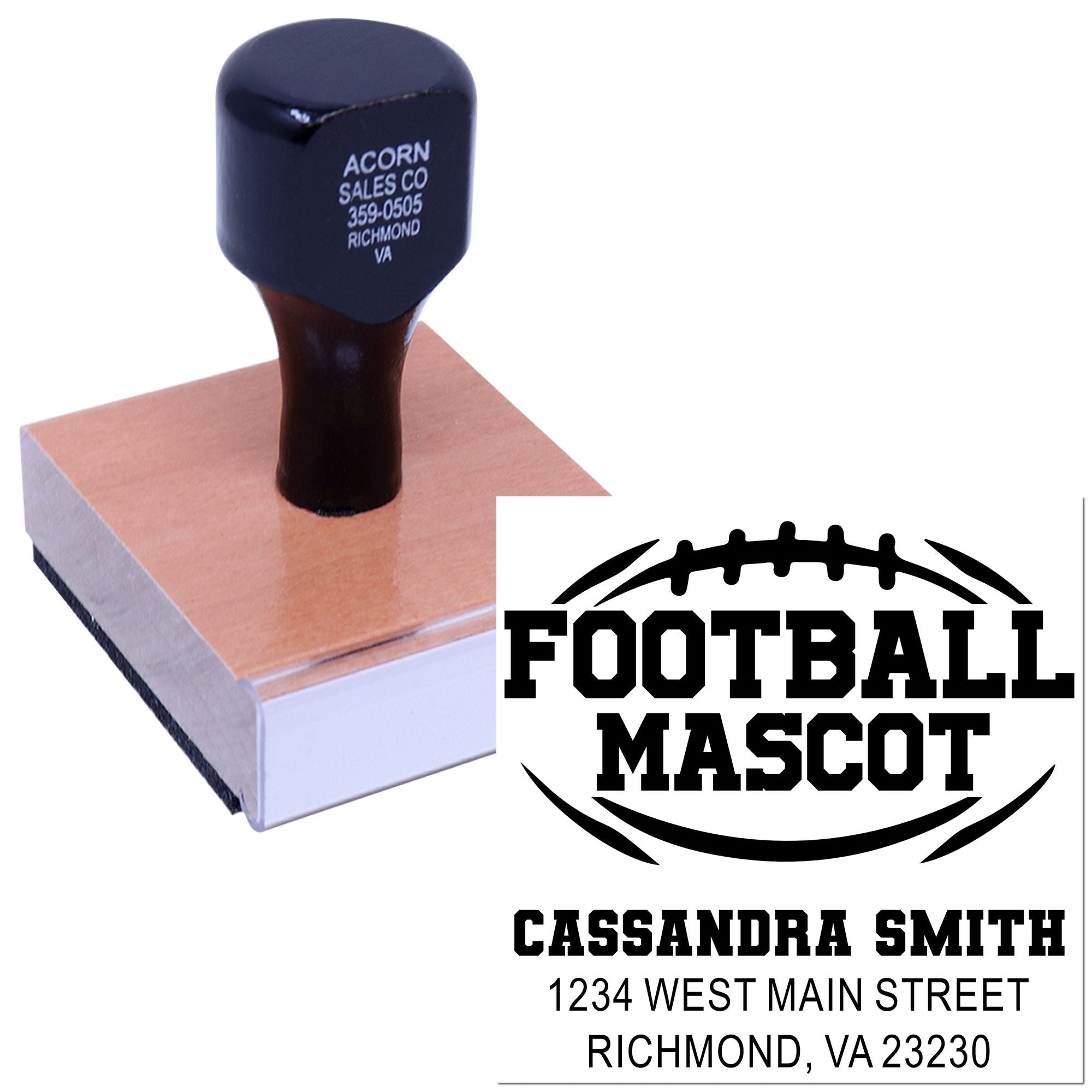 Custom football mascot rubber stamp with return address imprint for personalized school or team stationery.