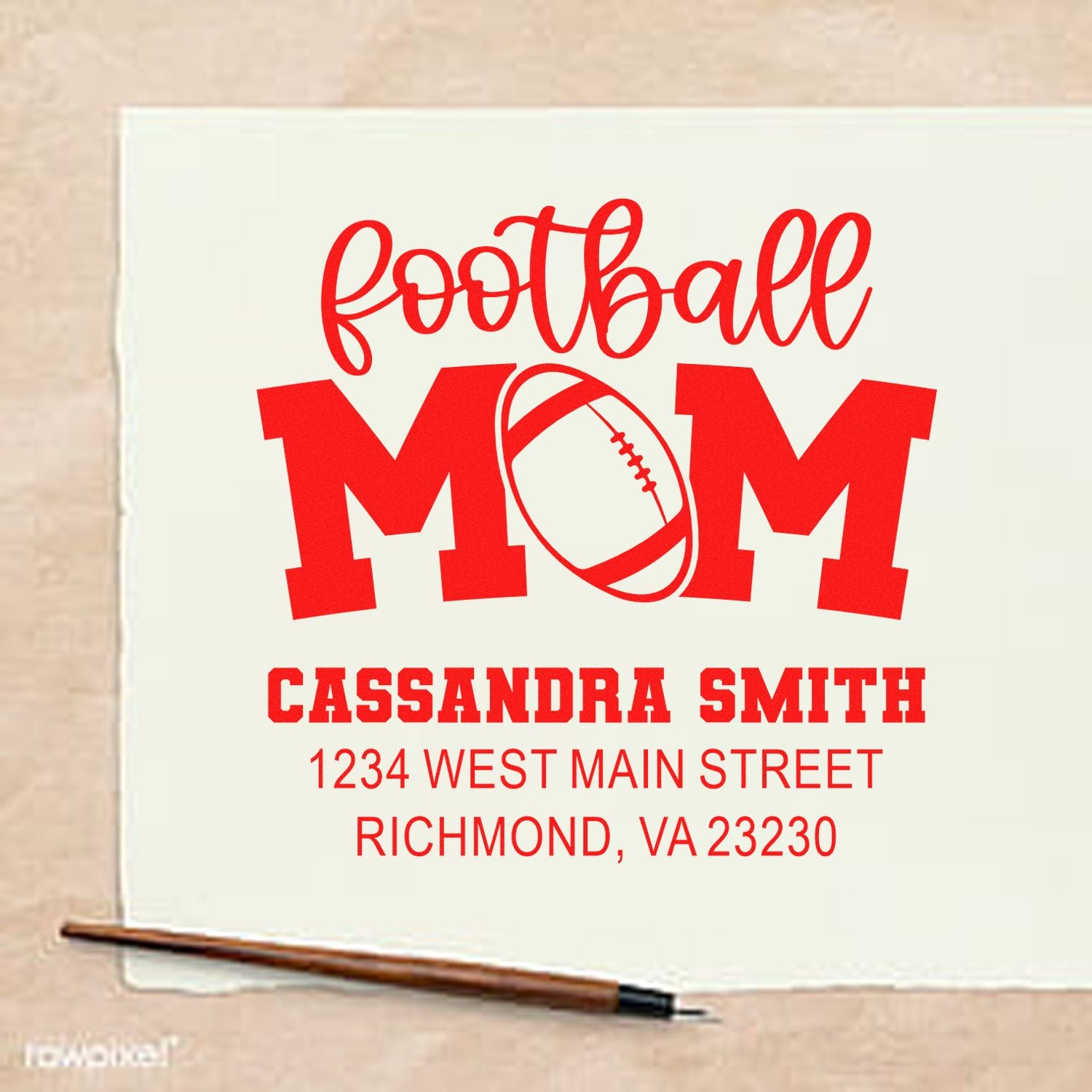 Custom football mom return address rubber stamp with name and Richmond, VA address for personalized stationery.